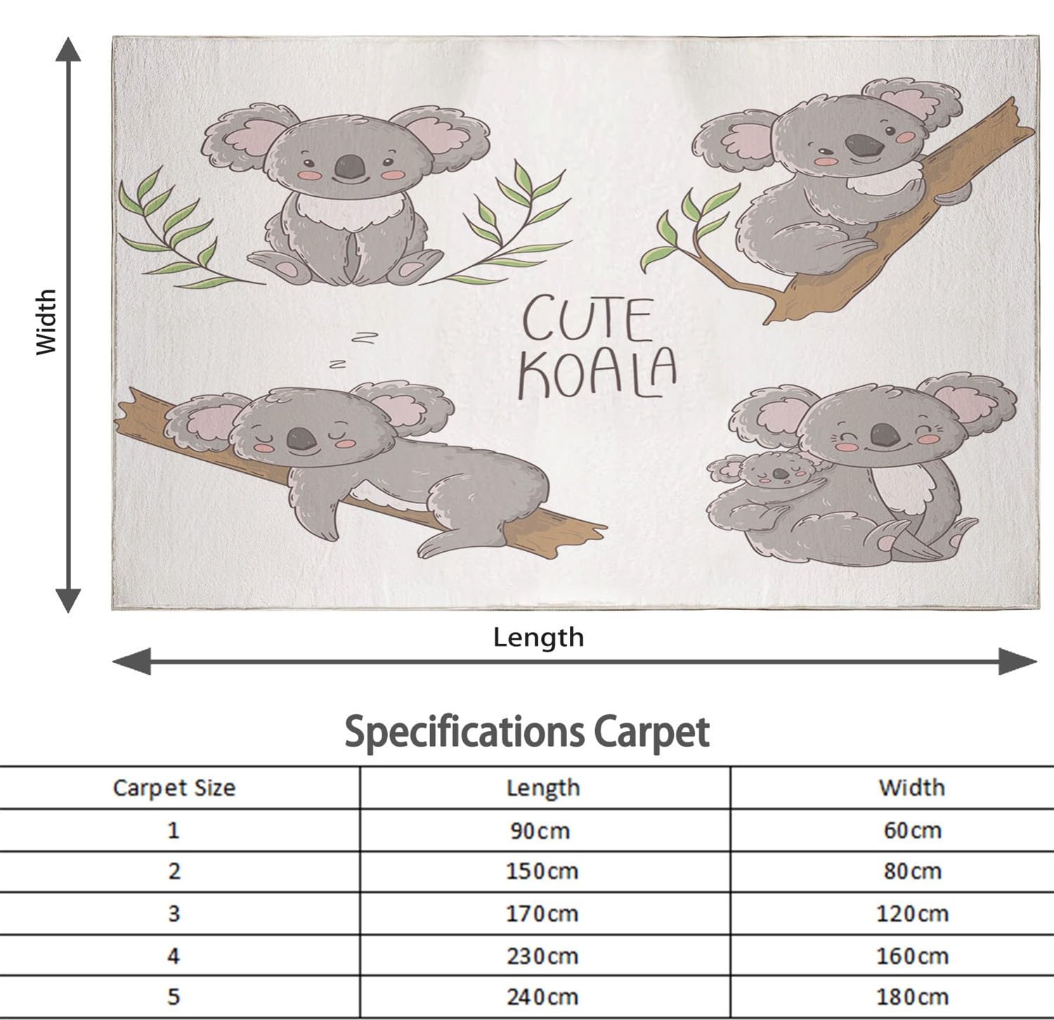 Generic Tapis Salon Dessin animé Animal Koala Chambre Moderne Tapis pour Enfant Chambre, Bébé, Fille et Garçon - Moquette pour Chambre et Salon 120 x 170cm