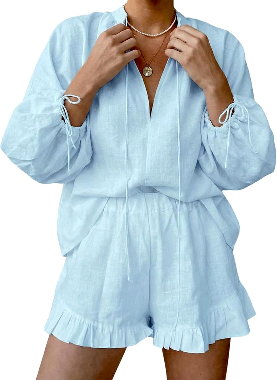 Womens Ruffle Pajamas 2 Piece Cotton Linen Shorts Sets Long Sleeve Tie Front Vacation Outfits Matching - Image 6