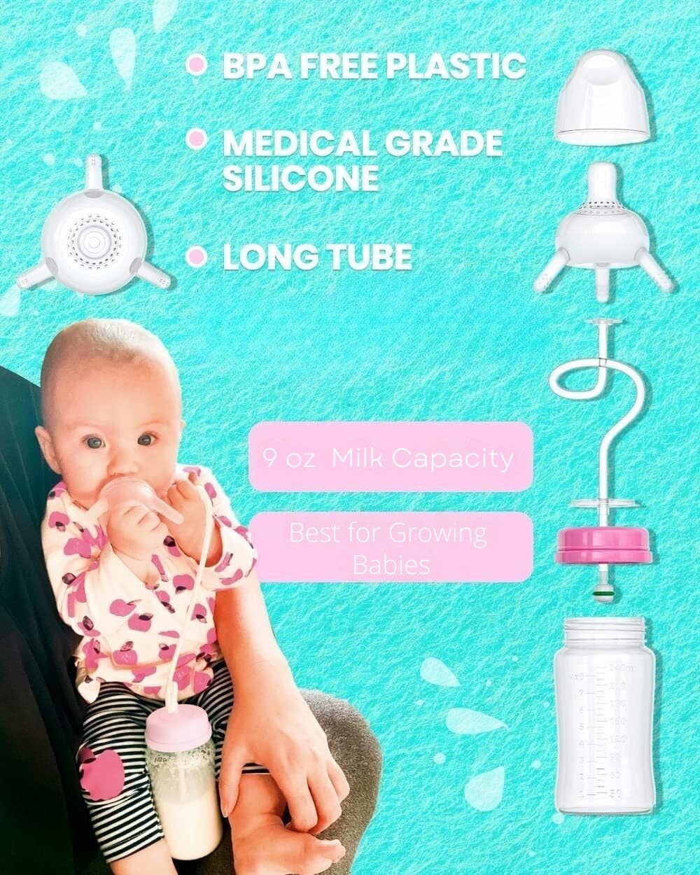 TidyFriend 2 Pk Baby Bottle Anti Colic with Straw 8oz – Built In Nipple Valve & Base Vent Hole for Gas Reduction, Upright Position Hand Free Bottle for 6m-2y Kids [Use Under Caregiver Assisted] (Pink)