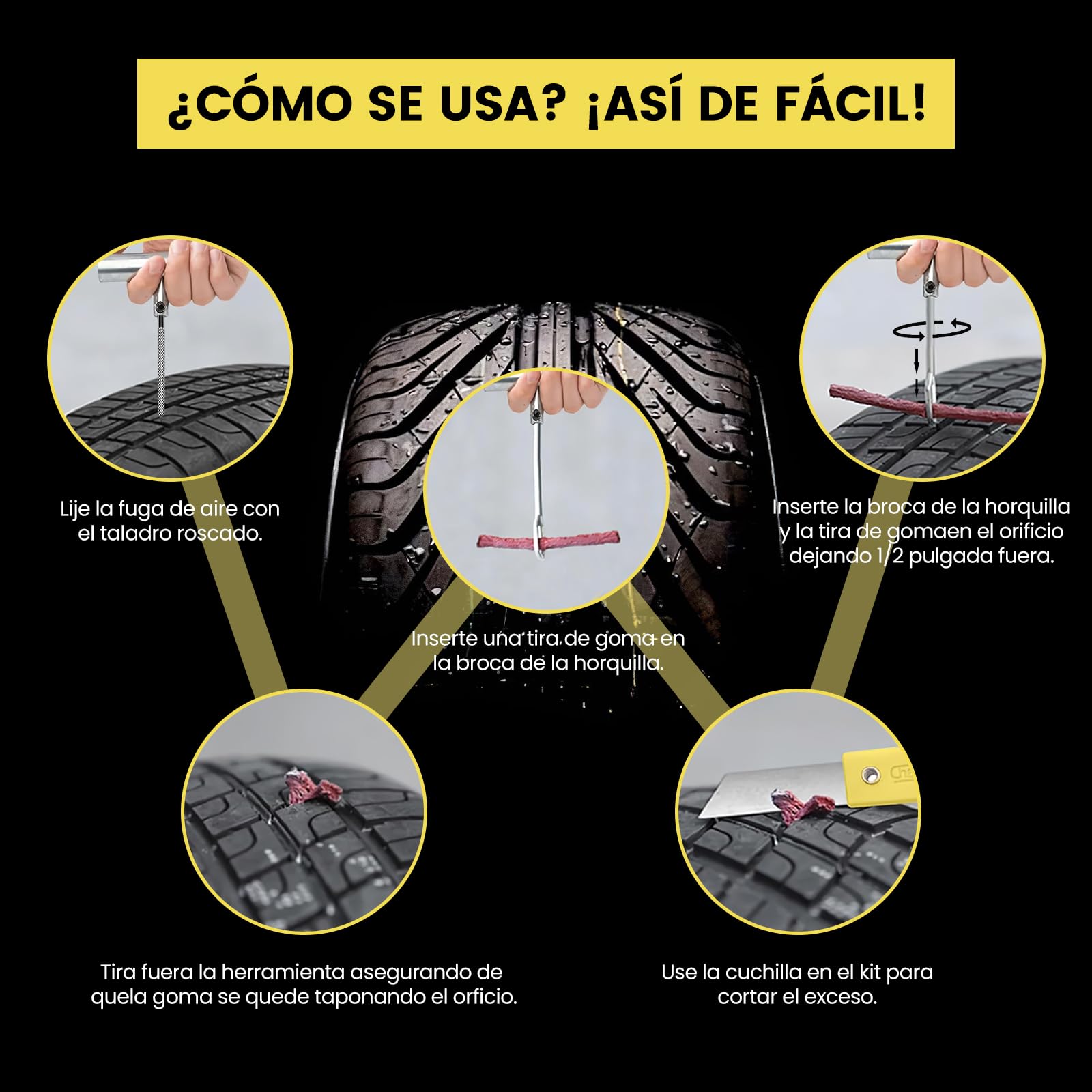 27PCS Kit Repara Pinchazos para Coche/Moto/Caravana, Kit antipinchazos neumático, Arreglar pinchazos en 3 Minutos, Mechas + Accesorios completos, Compacto para Maletero, Fácil Uso sin Experiencia