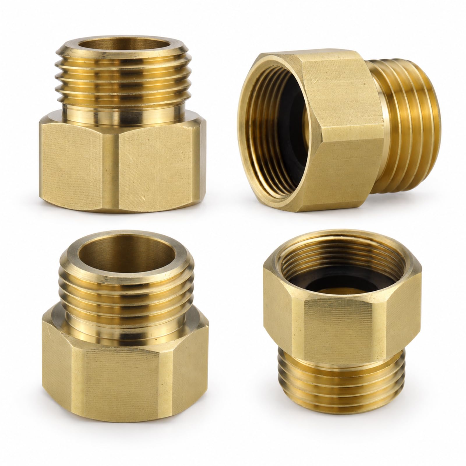 Jingzan Paquete de 4 adaptadores de latón para manguera, rosca fina hembra de 1-1/16 pulgadas x adaptador macho de 3/4 GHT compatible con baberos de manguera de punta de flecha y accesorio de grifo de