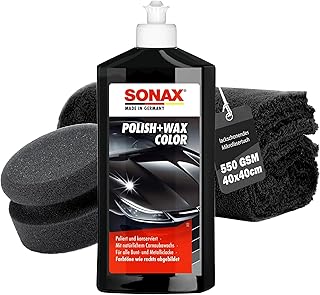 Auto Politur Set | Sonax Polish & Wax Color Schwarz 500ml Autopolitur + Polierschwamm + Poliertuch | Polierpaste für dunkle Metalliclacke zur Entfernung kleiner Kratzer | Polierset