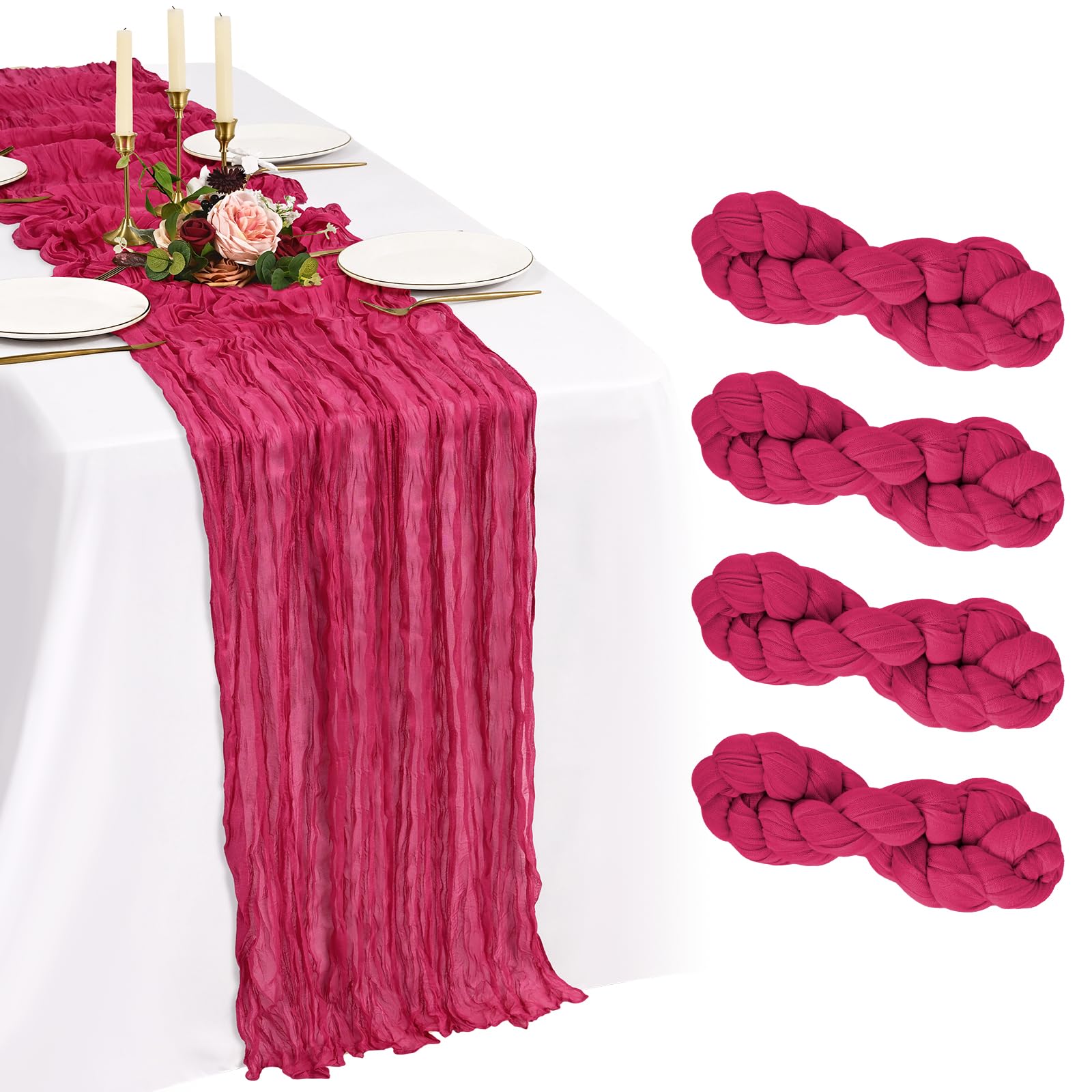 Showgeous 4 Pack Hot Pink Cheesecloth Table Runner 10FT Boho Gauze Cheese Cloth Table Runners 35 x 120 inch Romantic Rustic Sheer Table Decorations for Wedding Party Baby Shower Birthday Holiday