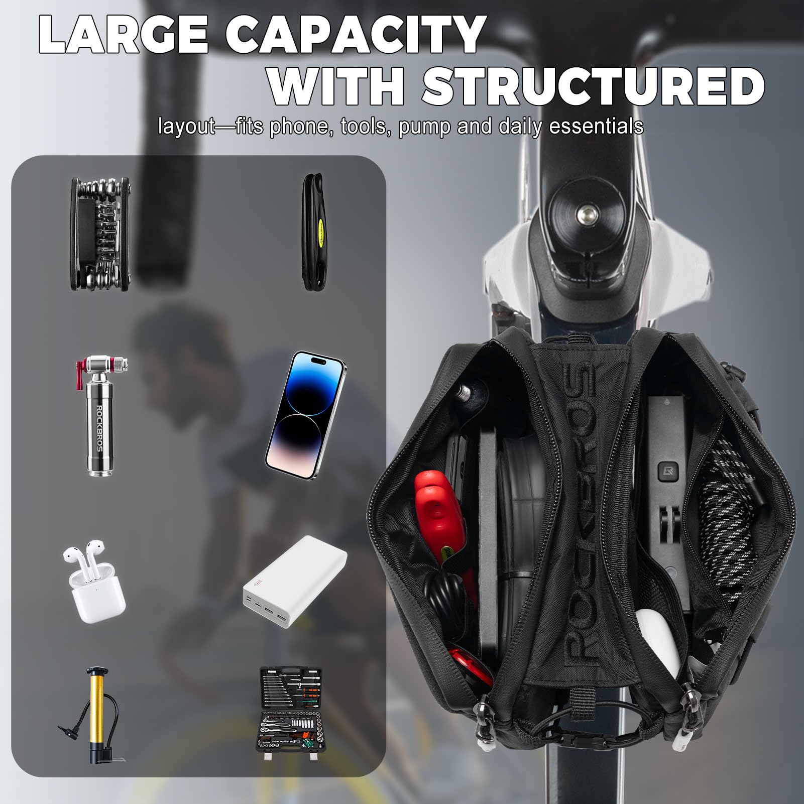 ROCKBROS Borsa Telaio Bici 1 L, Borsa da Bicicletta Tubo Superiore 2 Tasche Laterali, con Cordino Elastico Laterale con Tracolla, per Bici da Corsa MTB Trekking Commuting, Nero