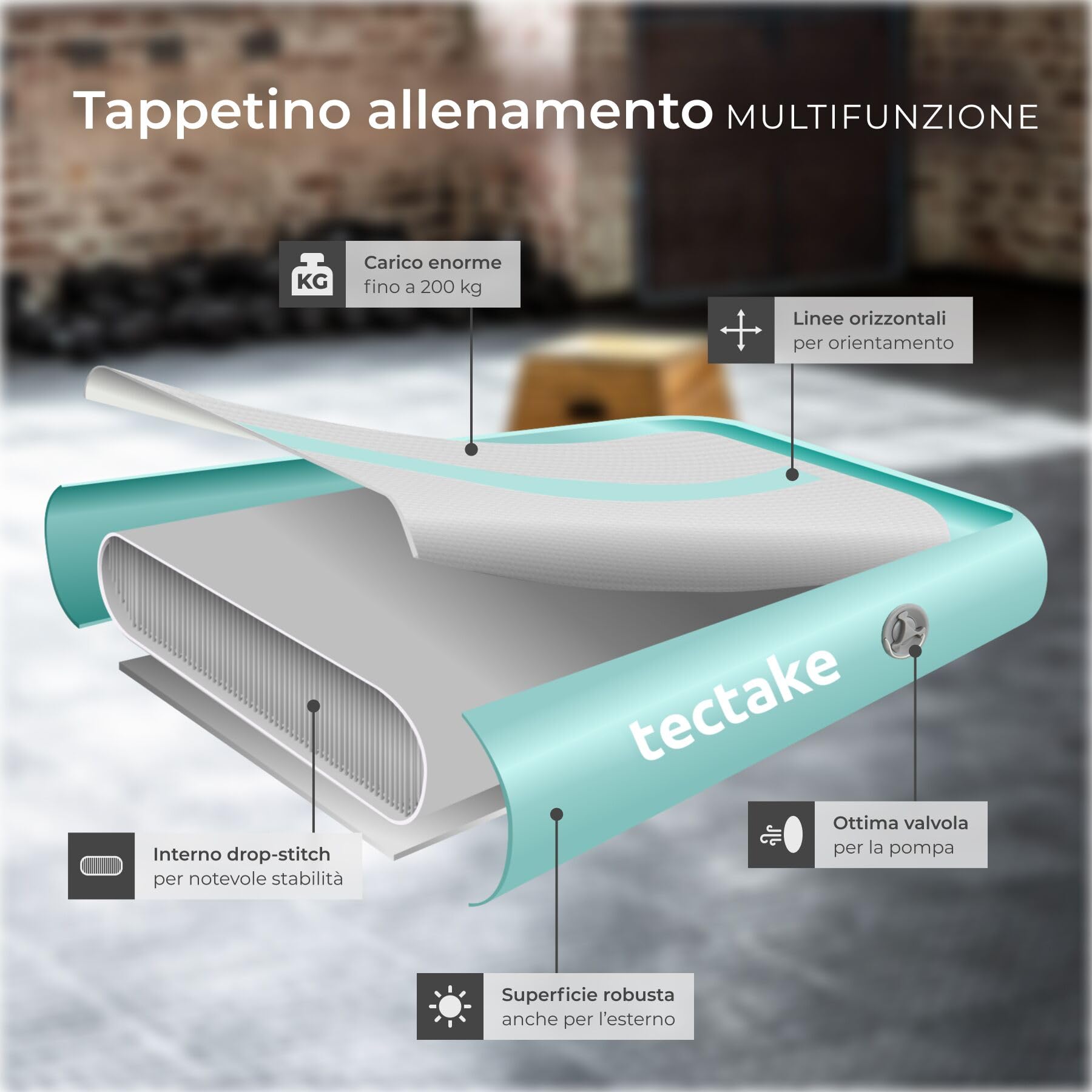 tectake® Tappetino Gonfiabile per Allenamento, Fitness, 397 x 104 x 10 cm, Materasso Gonfiabile con Pompa Elettrica, 4 Maniglie, Borsa per Trasporto, Kit di Riparazione, PVC Idrorepellente