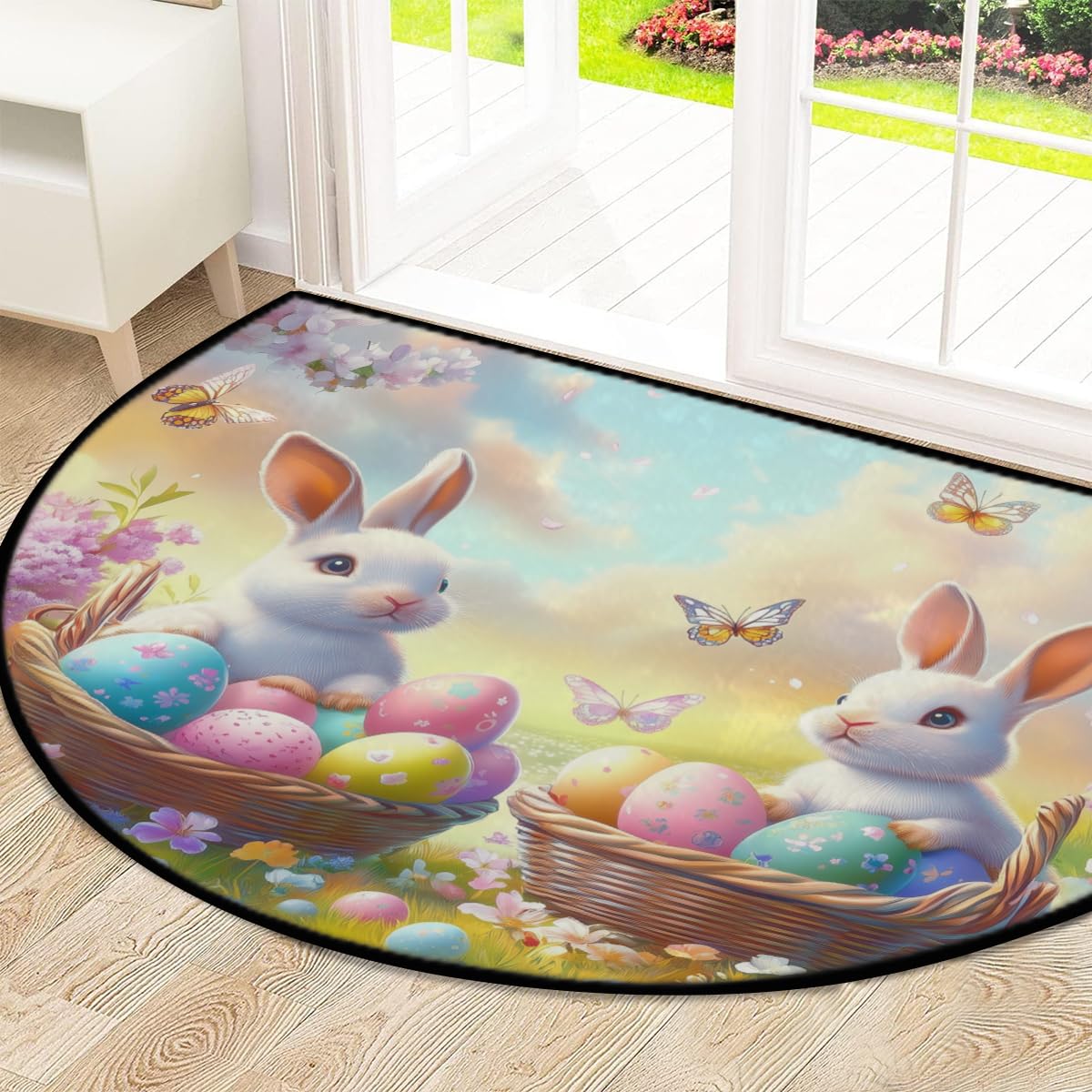Mexpekil Paillasson demi-rond en forme de demi-lune pour intérieur et extérieur - Motif paysage d'œufs de Pâques - Demi cercle - Absorbant la saleté - 100 x 160 cm