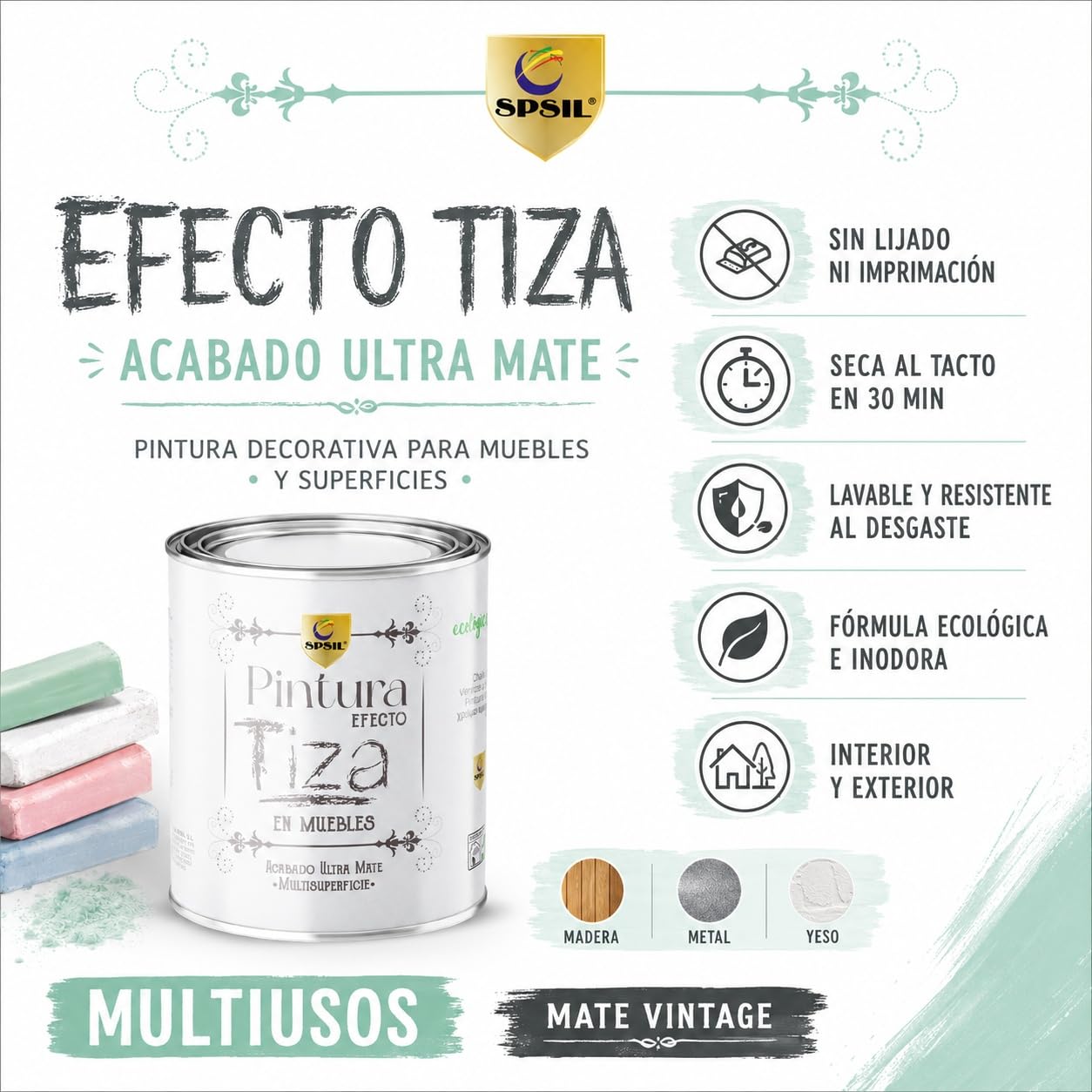 SPSIL Pintura a la Tiza Barniz Mate (750ml X 2) Multiusos Sin Lijado, Secado Rápido Lavable Ecológica, Mate Vintage para Madera Metal Yeso, Interiores Exteriores Bricolaje y Renovación de Muebles
