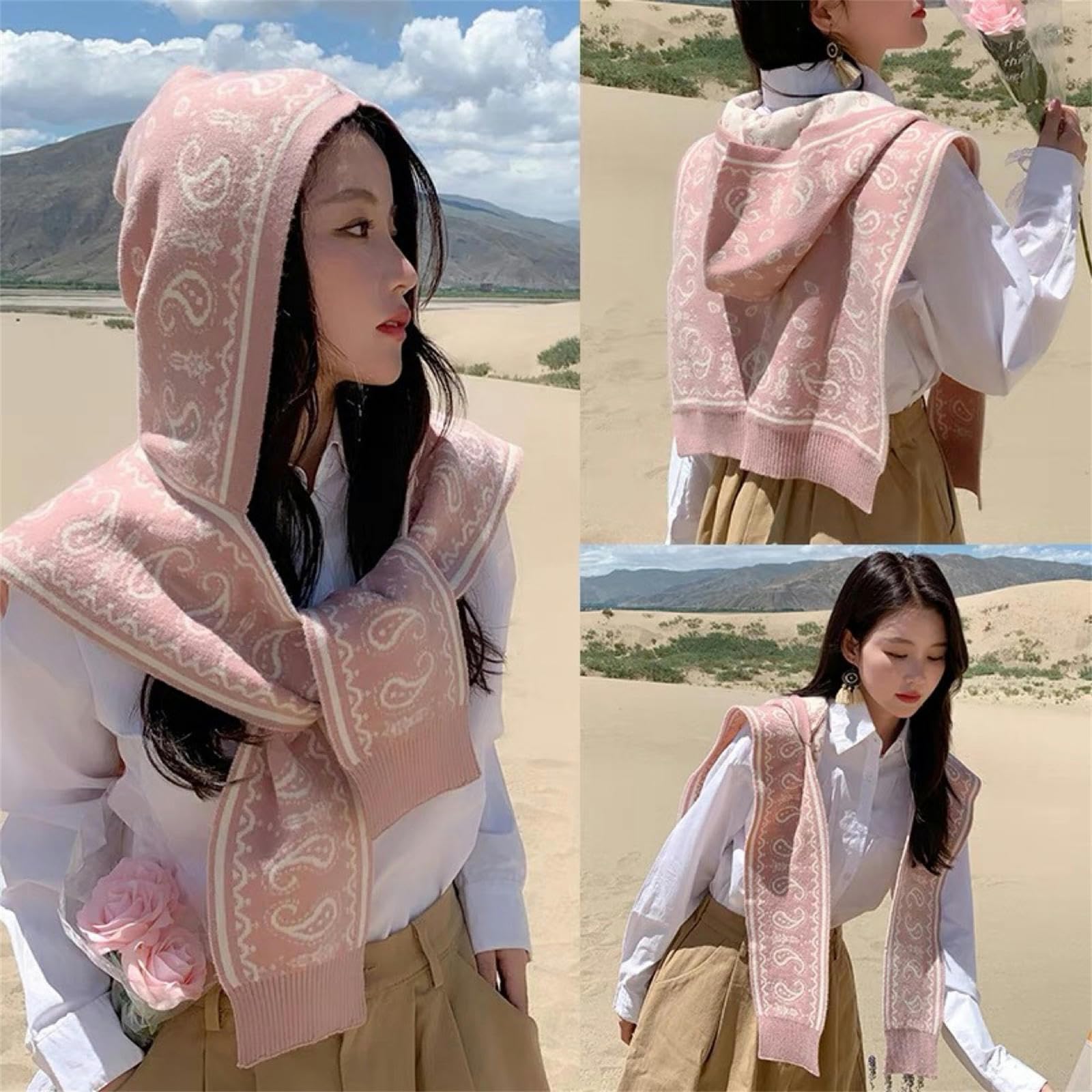 Poncho Donna Scialchina con Cappuccio Donne Autunno E Inverno in Inverno Stile Etnico Sciarpa Calda Addensata-Beige