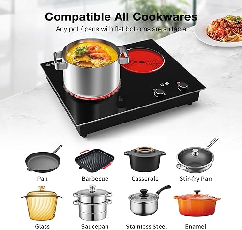 Miniatura 5 de Cocina eléctrica, 1110 V, 2100 W, estufa de 2 quemadores, estufa integrada y encimera con 10 niveles de calefacción, temporizador y bloqueo de