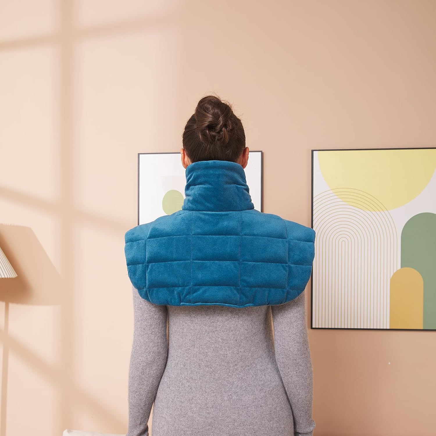 Ambershine 19''x24'' Weighted Neck & Shoulder Heating Pad, 2.5lbs with 12 Temperature Settings& 4 Auto-Off Timers, Pain Relief for Neck/Shoulder/Back, Christmas Gifts for Women Men Mom Dad (Gray&Blue) - Image 5