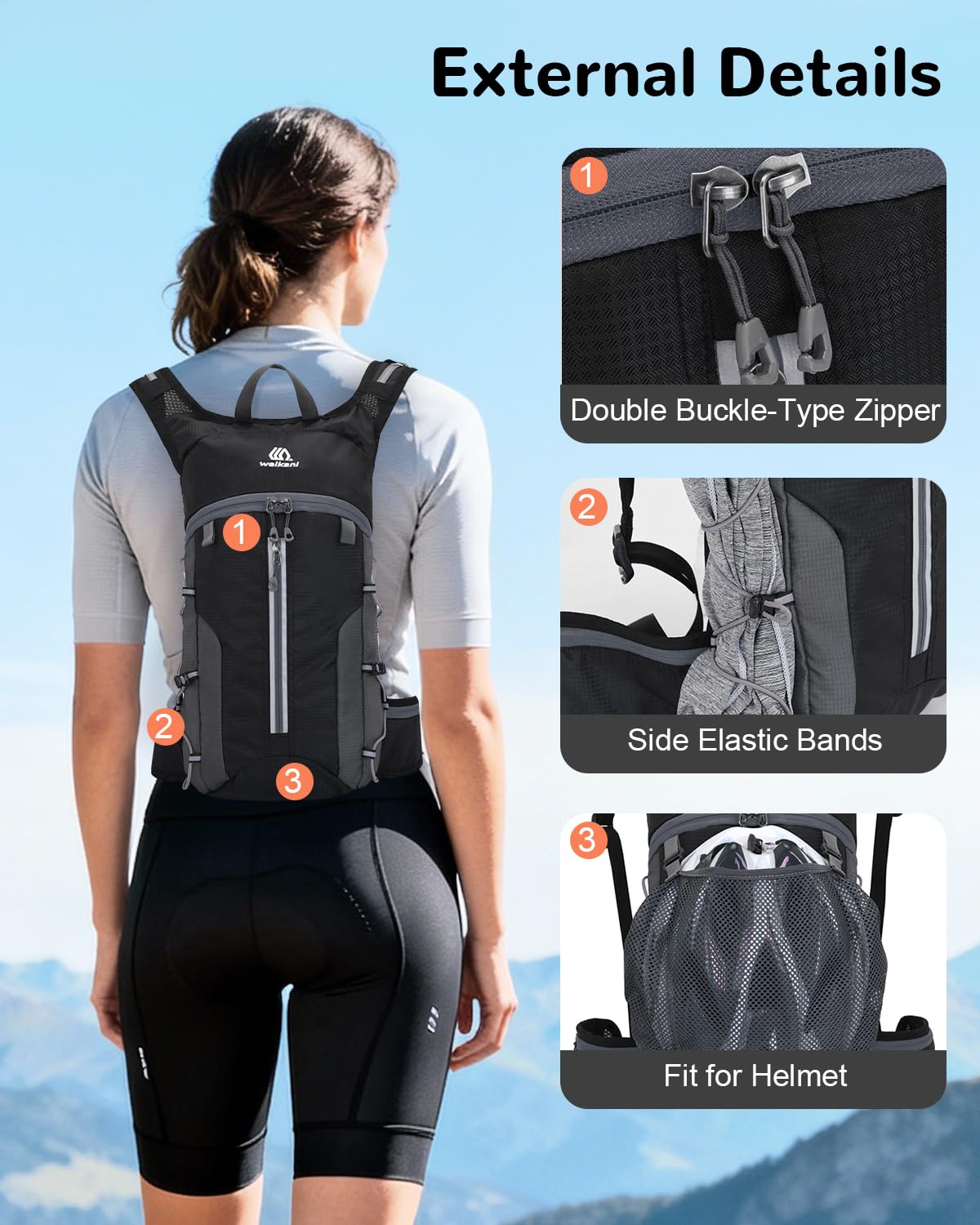Faltbarer Fahrradrucksack Kleiner mit Helmnetz, MTB Rucksack Herren & Damen, Ultraleicht Wanderrucksack für Laufen Radfahren Skifahren, Schwarz
