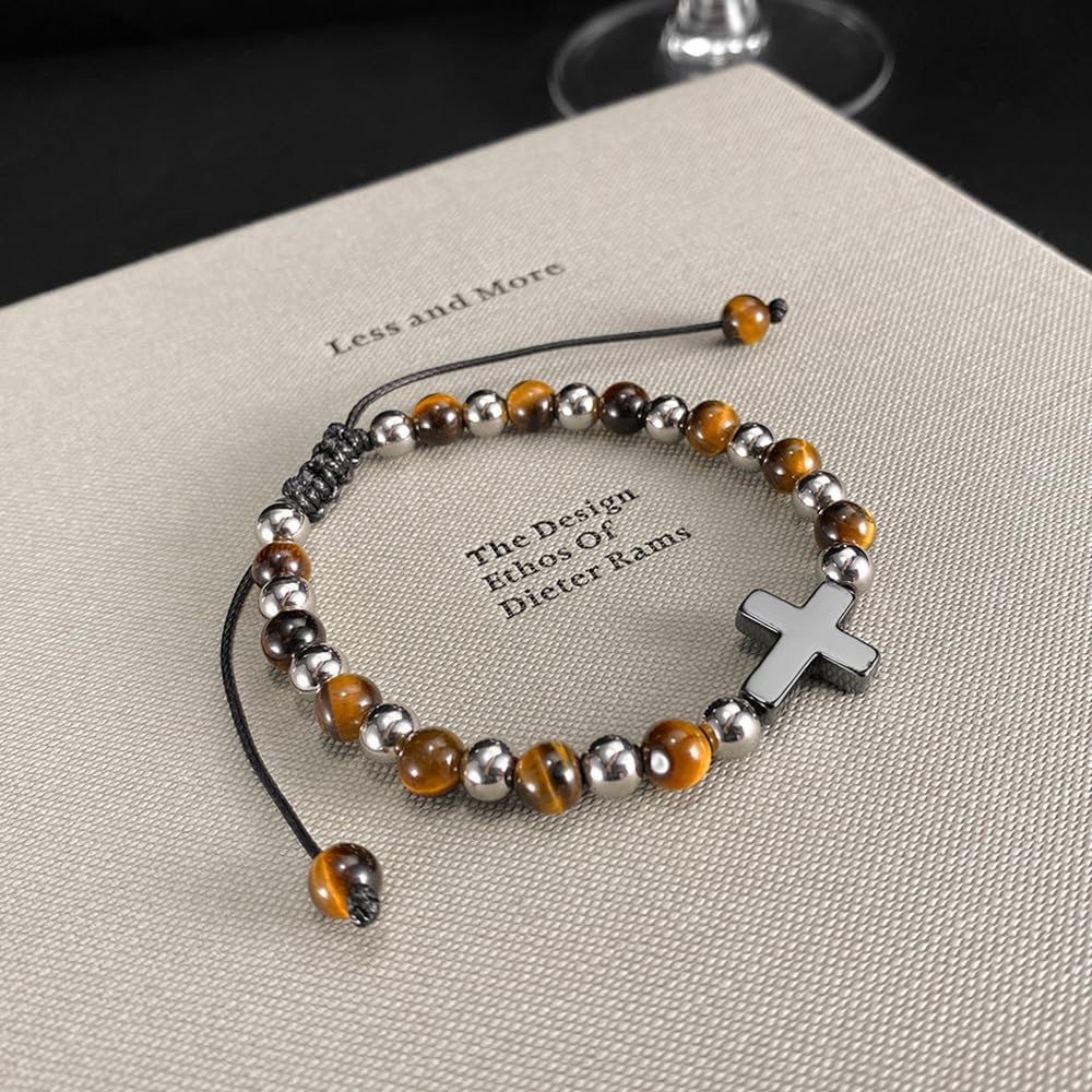 Cross Bracelet for Men,Stainless Steel Tiger Eye Stone with Silver Cross Religious Bracelet Christian Jewelry 21 cm 8.26 inches - Image 3