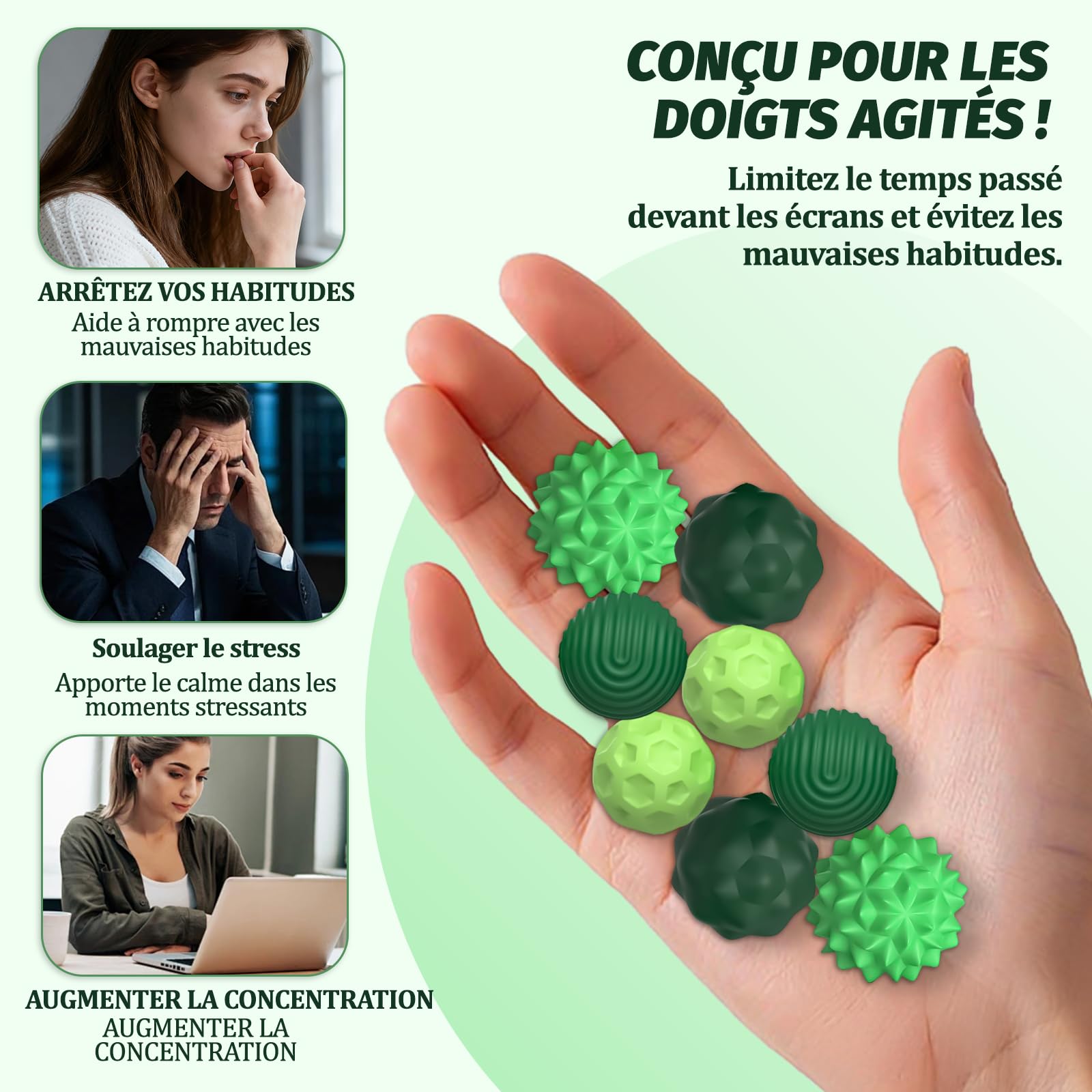 Lot de 8 balles magnétiques en silicone avec textures et boîte de rangement - Longueur : 3 cm - Jouet sensoriel pour adultes et adolescents - Vert