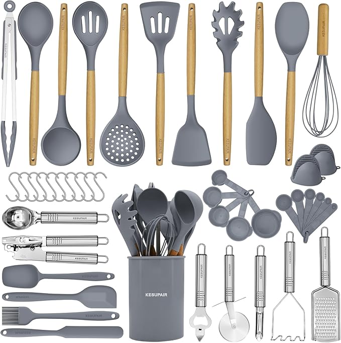 Silicone Kitchen Utensils Set, 46 pcs Cooking Utensils Set-Silicone Spatula Set- Kitchen Gadgets and Tools with Holder-Wooden Handle Silicone Kitchen Utensil with Tongs,Grater (Black)
