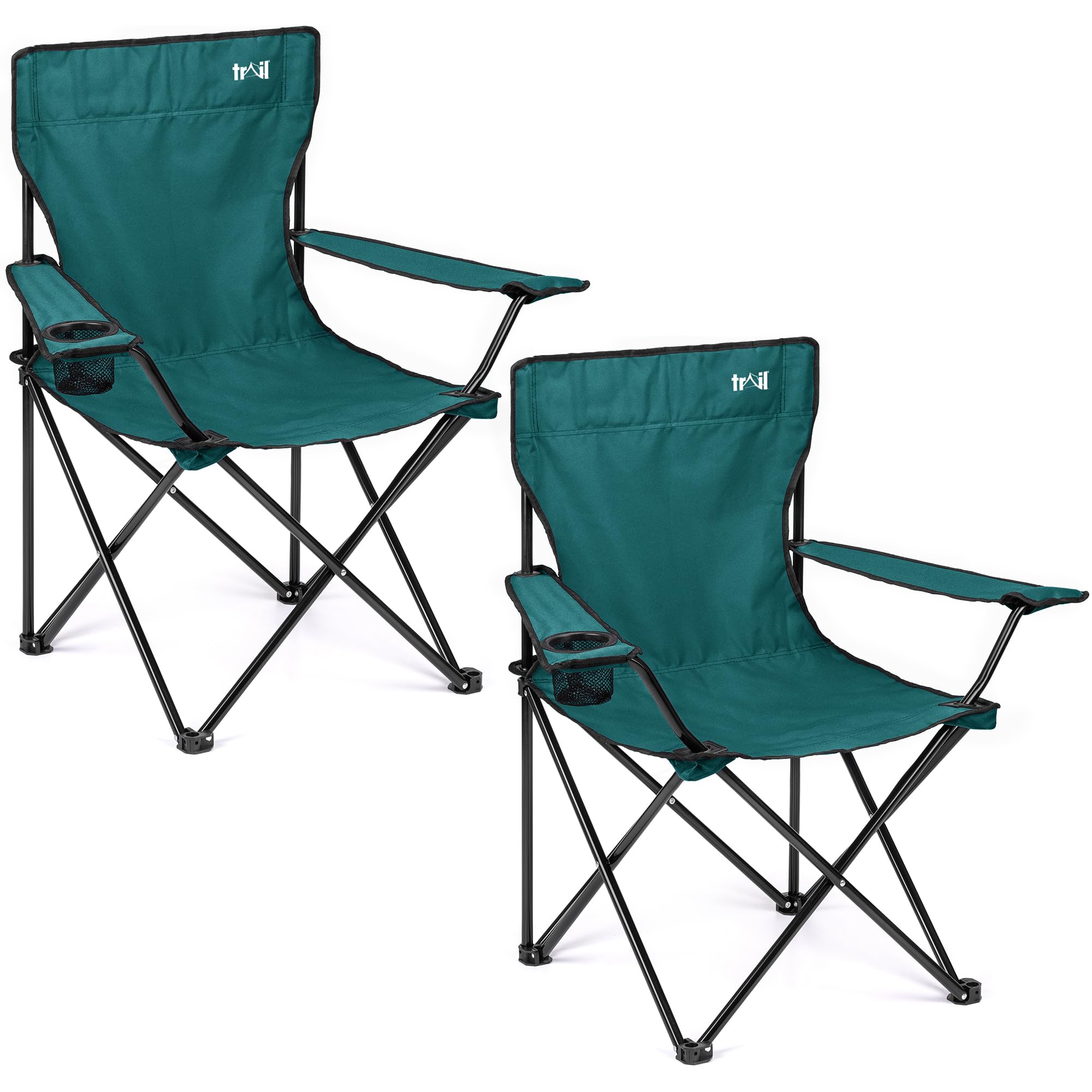 Trail Folding Camping Chair – 2 Pack, Lightweight Outdoor Chair with Cup Holder Armrest, Heavy Duty Tubular Steel Frame, Fast-Drying Polyester, Carry Bag, 100kg Capacity (Teal)