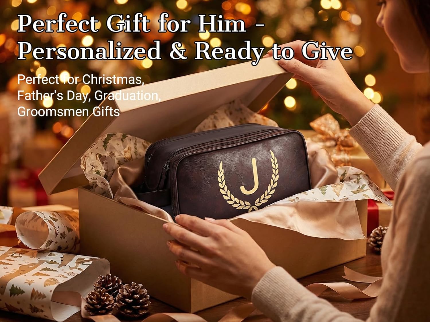OXYEFEI Personalized Gifts for Men, Personalized Large Toiletry Bag for Men,Custom PU Leather Waterproof Mens Toiletry Travel with Initial Essential Dopp Kit Shaving Bag (D, Tea Brown)