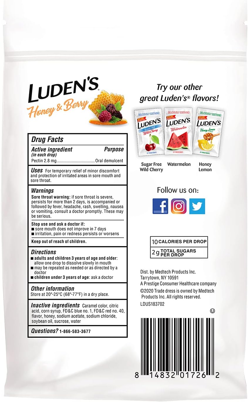 Ludens Deliciously Soothing Throat Drops | Honey & Berry Flavor | 25 Count Each | Pack of 6