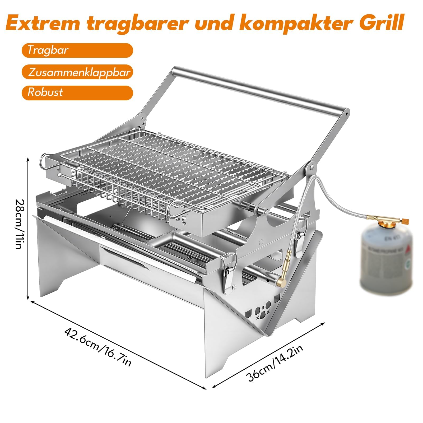 parrilla barbacoa de gas, 2 en 1 portátil barbacoa carbon de gas carbon y leña con rejilla reversible, parrilla pescado de acero inoxidable para camping, plegable para balcón, rejilla girat