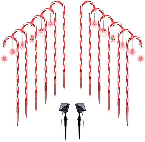 Miniatura 9 de Luces solares de bastón de caramelo de Navidad, luces rojas, paquete de 12 luces mejoradas para caminos al aire libre, 8 modos de luces de 2000 mAh,