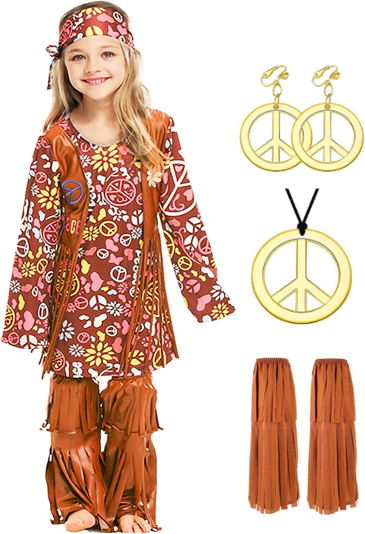 ATOWORLD 60s 70s Fancy Dress Kids Girls 1970s 1960s Sixties 70s Kids Costumes Girls Disco Dress Up Rockstar Hippy Hippie Costume Kids Rock Star Fancy Dress Outfit Child Halloween with 70s Accessories