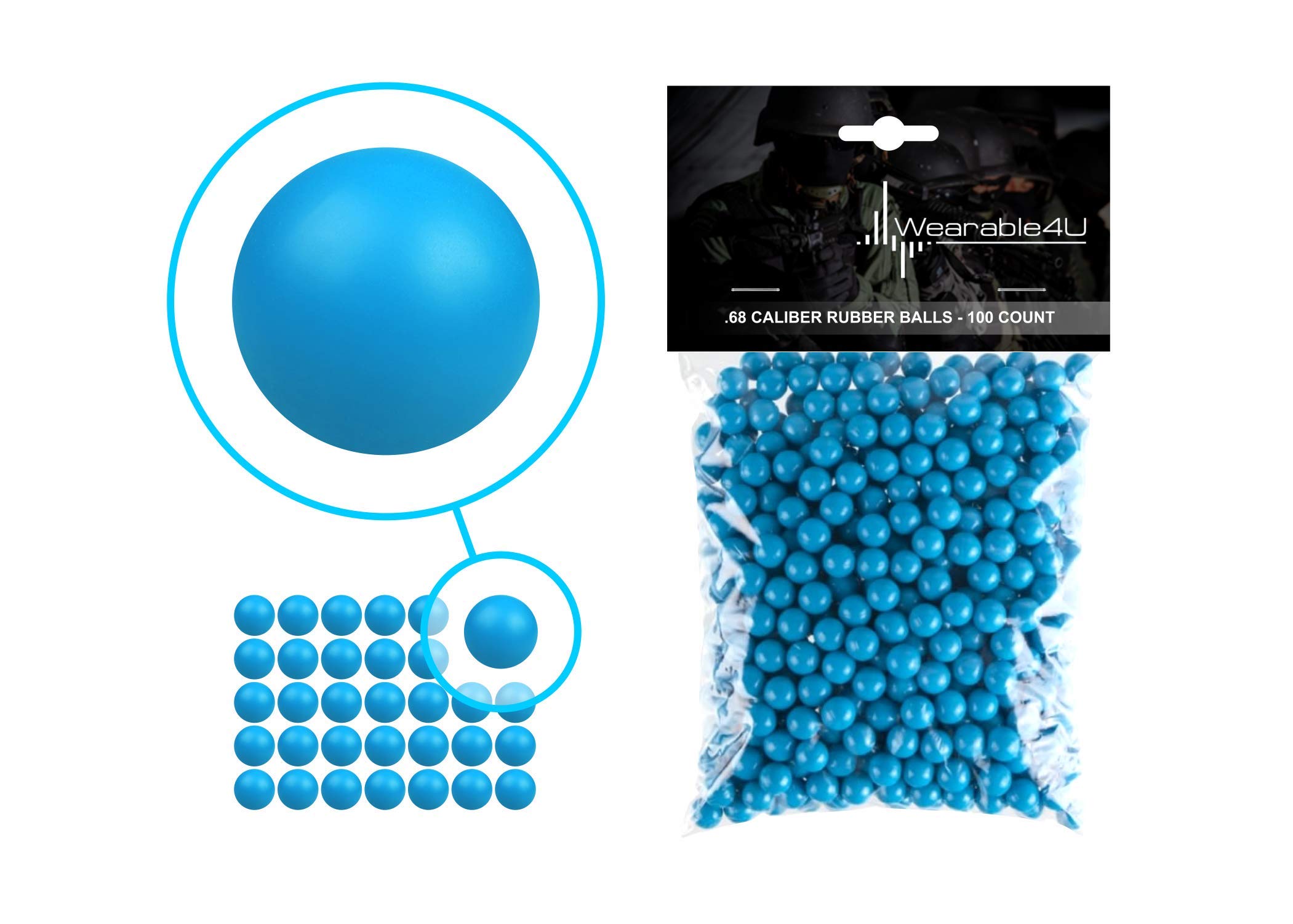 Wearable4U .68 Caliber Rubber Balls New Reusable Training Soft Rubber Balls for Paintball Guns (100 Rounds, Blue x 100)