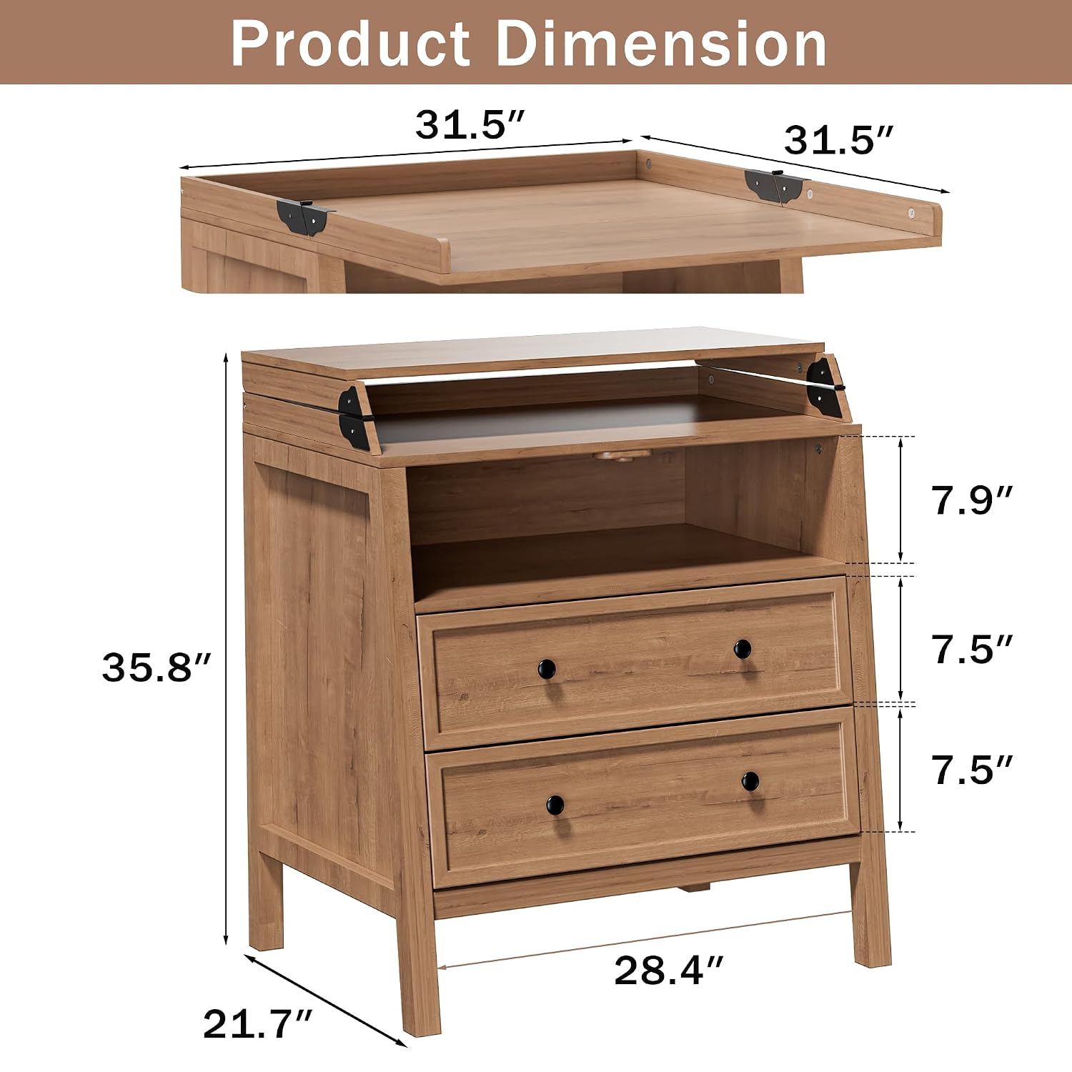 Changing Table Dresser with Foldable Tabletop, Baby Dresser with 2 Wide Drawers & Open Storage Space, Modern Diaper Changing Station, Perfect for Nursery, Natural Wood (Pad Not Included)