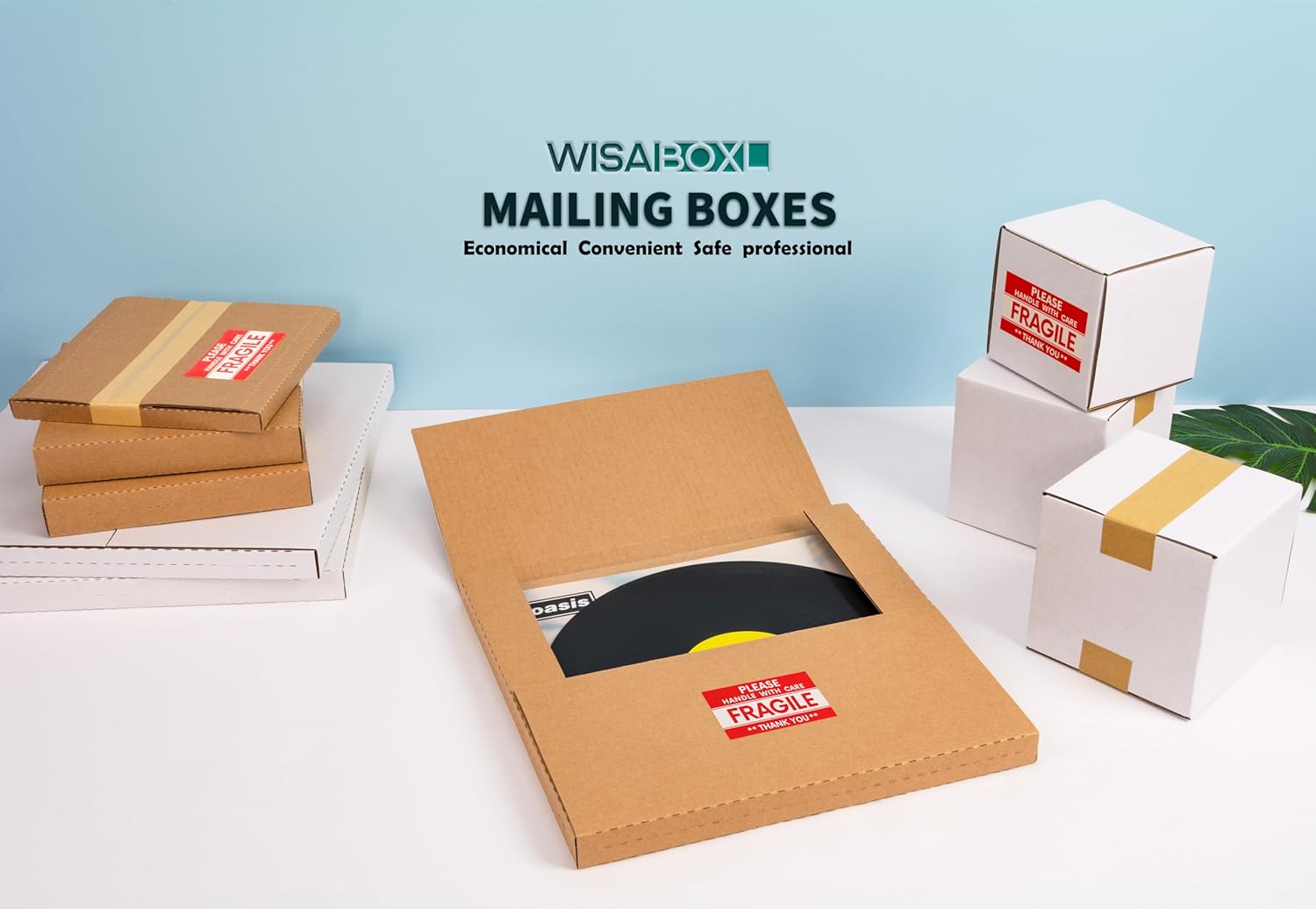 Kraft LP Mailers, 12.8x12.8x1 inch, Easy-Fold, Multi-Depth Vinyl Record Shipping Boxes with Fragile Stickers, 25 Pack