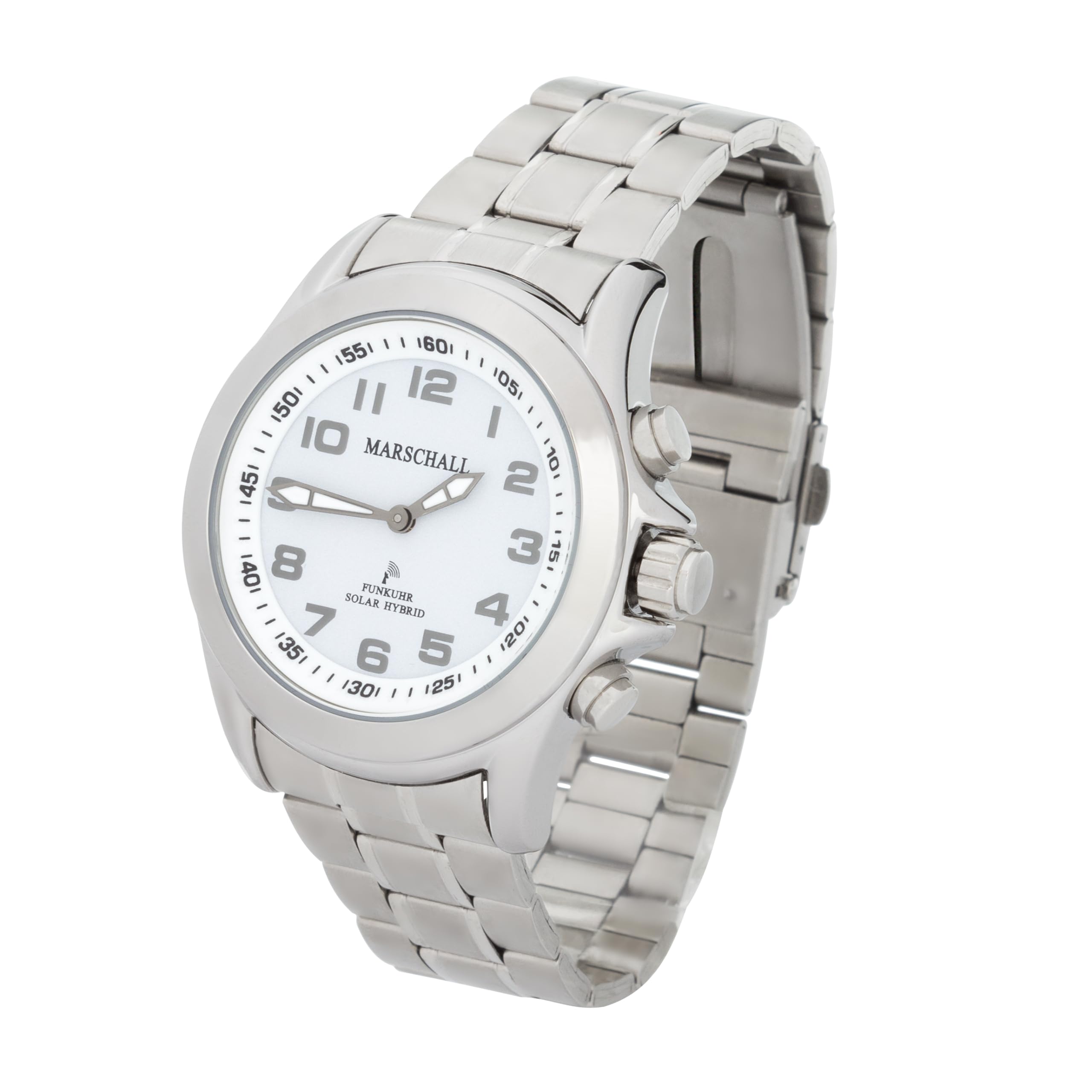 Marschall Deutsch sprechende Herren Armbanduhr I Mit Solarpanel I 1146w I Funkarmbanduhr I Für Blinde, Senioren und Demenzkranke I Datum- und Zeitansage I Vario-Edelstahlarmband