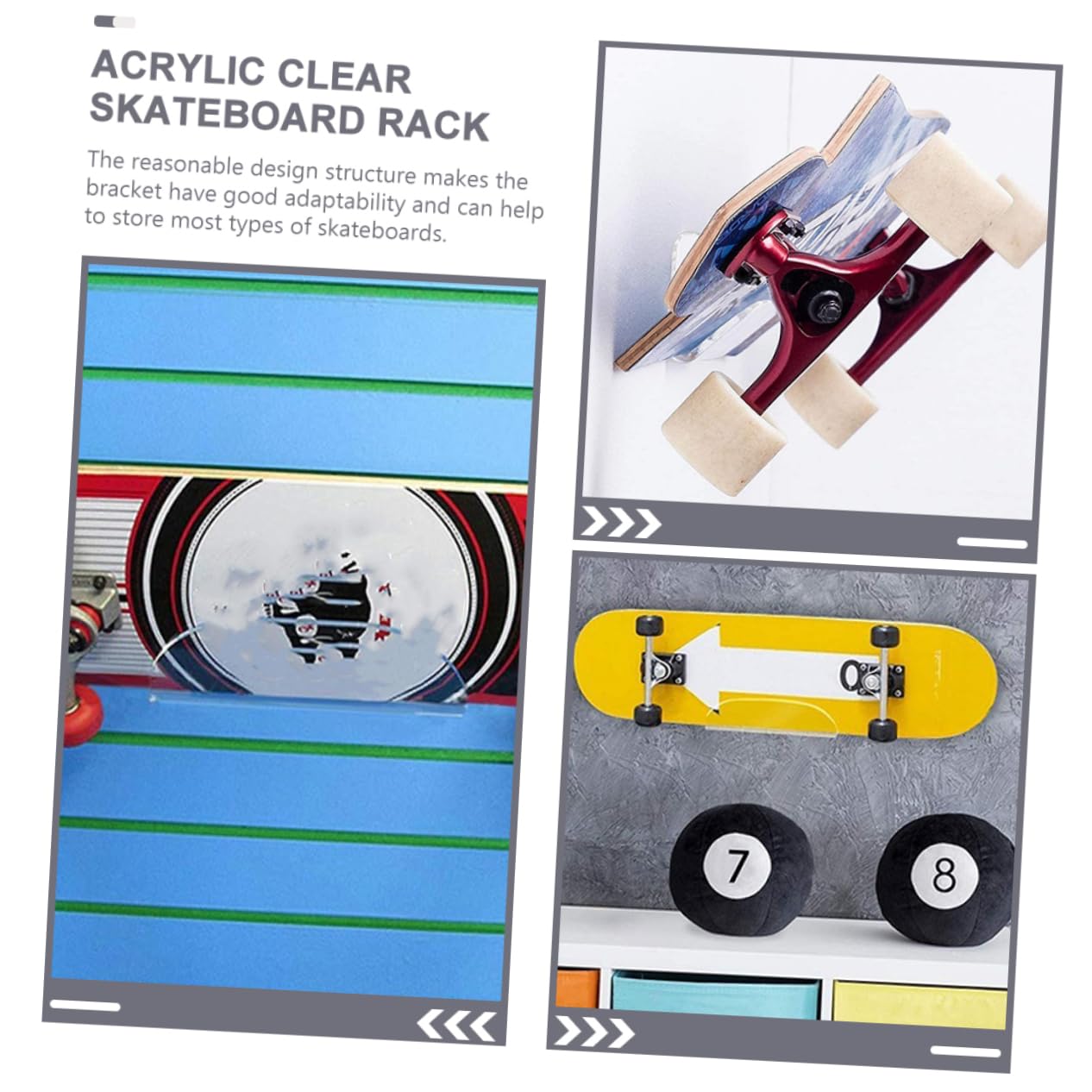 POPETPOP Support Mural Acrylique Transparent pour Skateboard et Planche à roulettes Rangement Mural Compact et Robuste avec Vis pour Installation Facile Adapté à Snowboard et Planche de