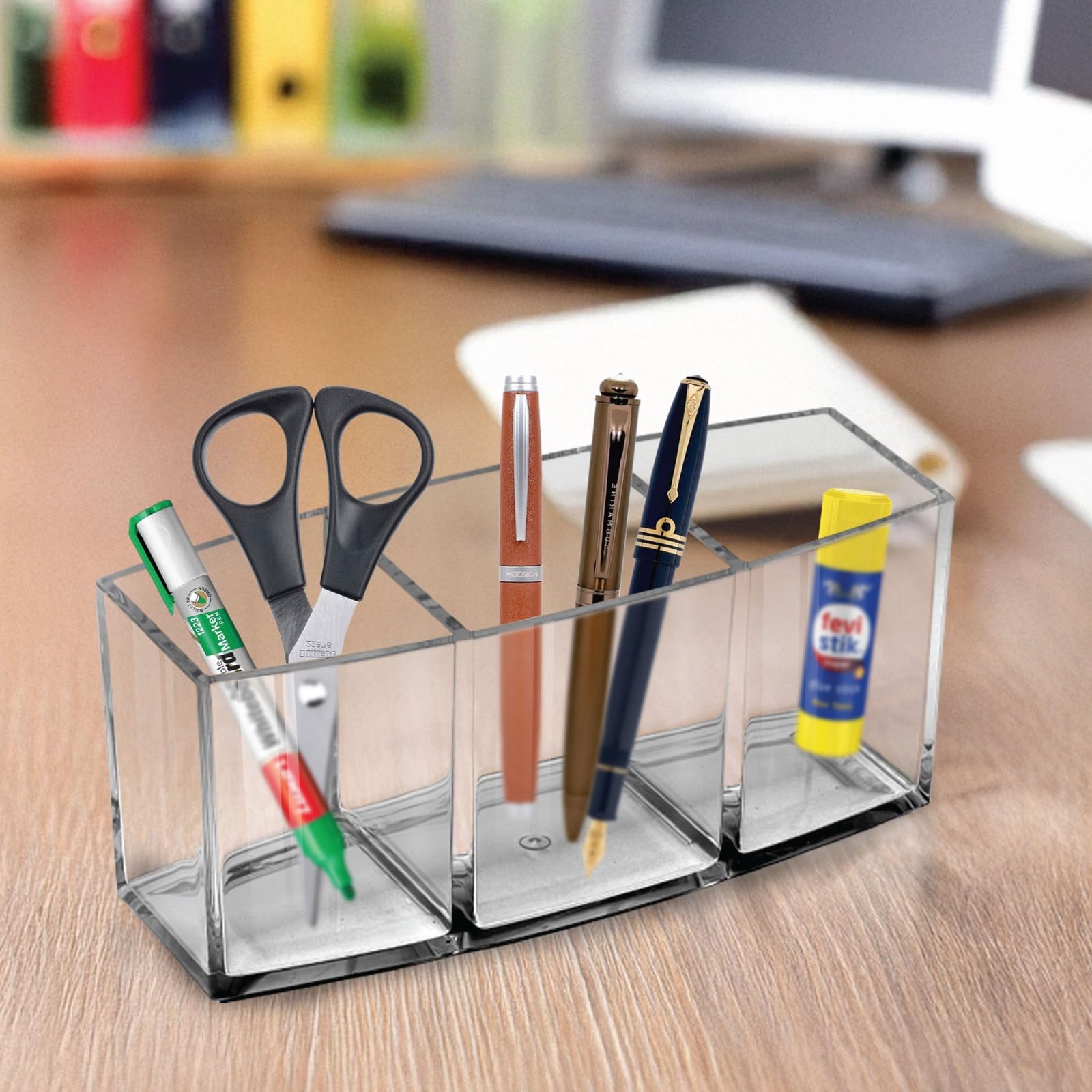 GROB Prismo Multipurpose Transparent Acrylic Organizer| 3-Compartment Stationary Holder, Makeup Brush Container, Cosmetics holder for Desk or Vanity| Smart Living Product