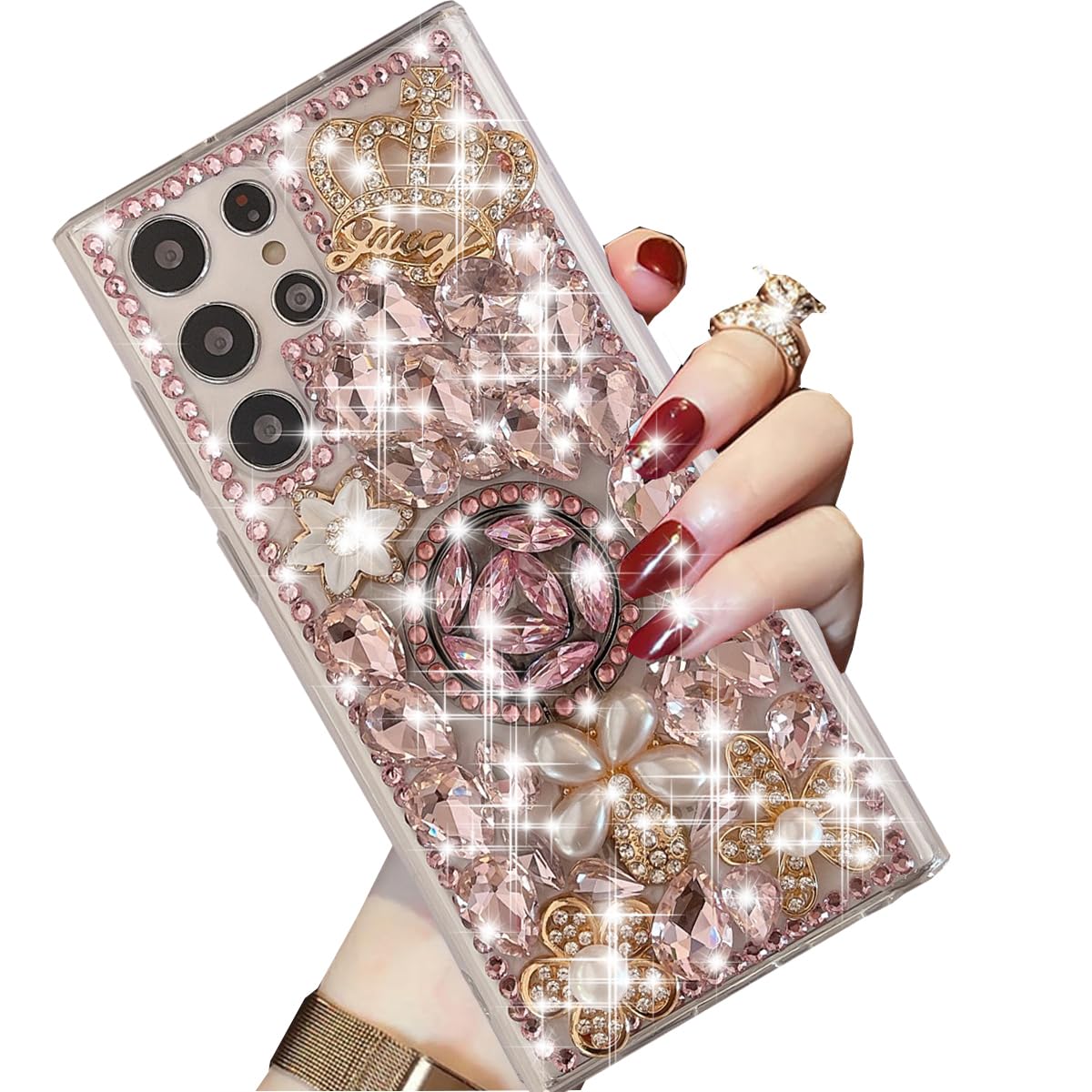Changjia for Samsung Galaxy S25 Ultra Glitter Case with Ring Holder,Cute Luxury 3D Crown Bling Sparkle Crystal Rhinestones Flower Diamond Pearl