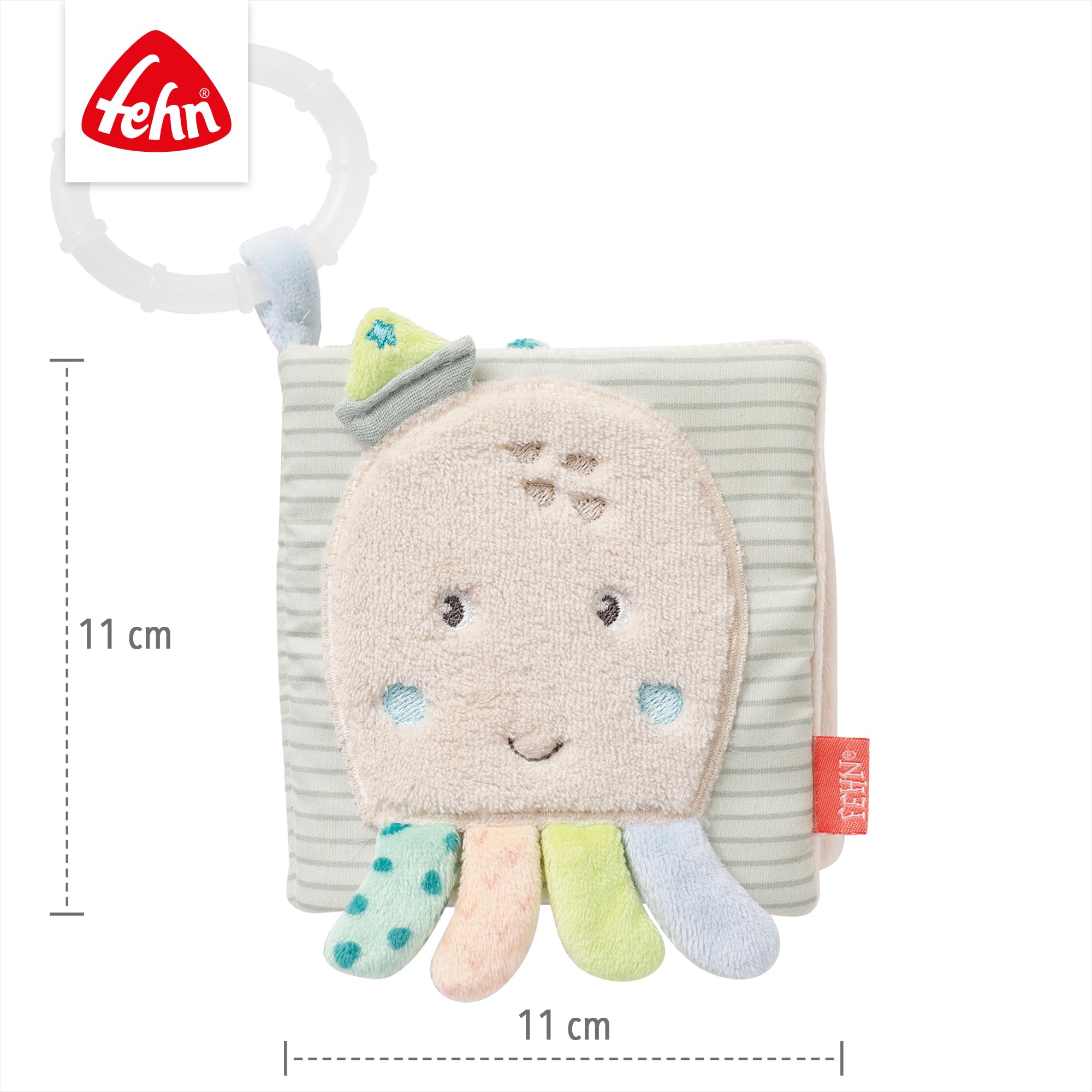 Fehn libro de tela pulpo - Libro táctil de tela con motivos de animales - Juguetes para colgar en el cochecito y la silla de bebé - Para bebés y niños a partir de 0 meses