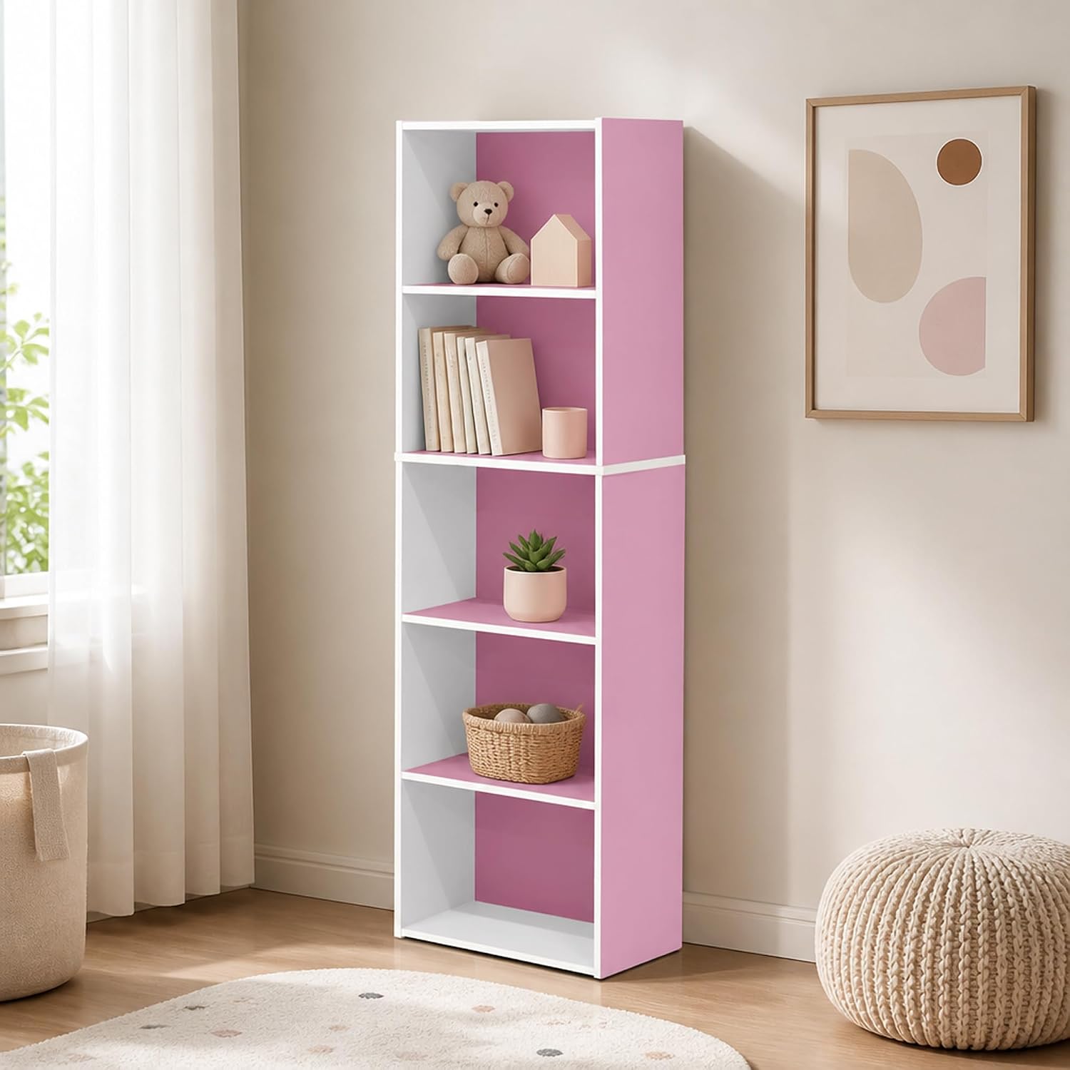 5-Cube Book Shelf, Cube Storage Organizer, Bookshelf, Bookcase with Open Shelf, 9.4 x 15.8 x 52, for Living Room, Home Office, Bedroom, Pink
