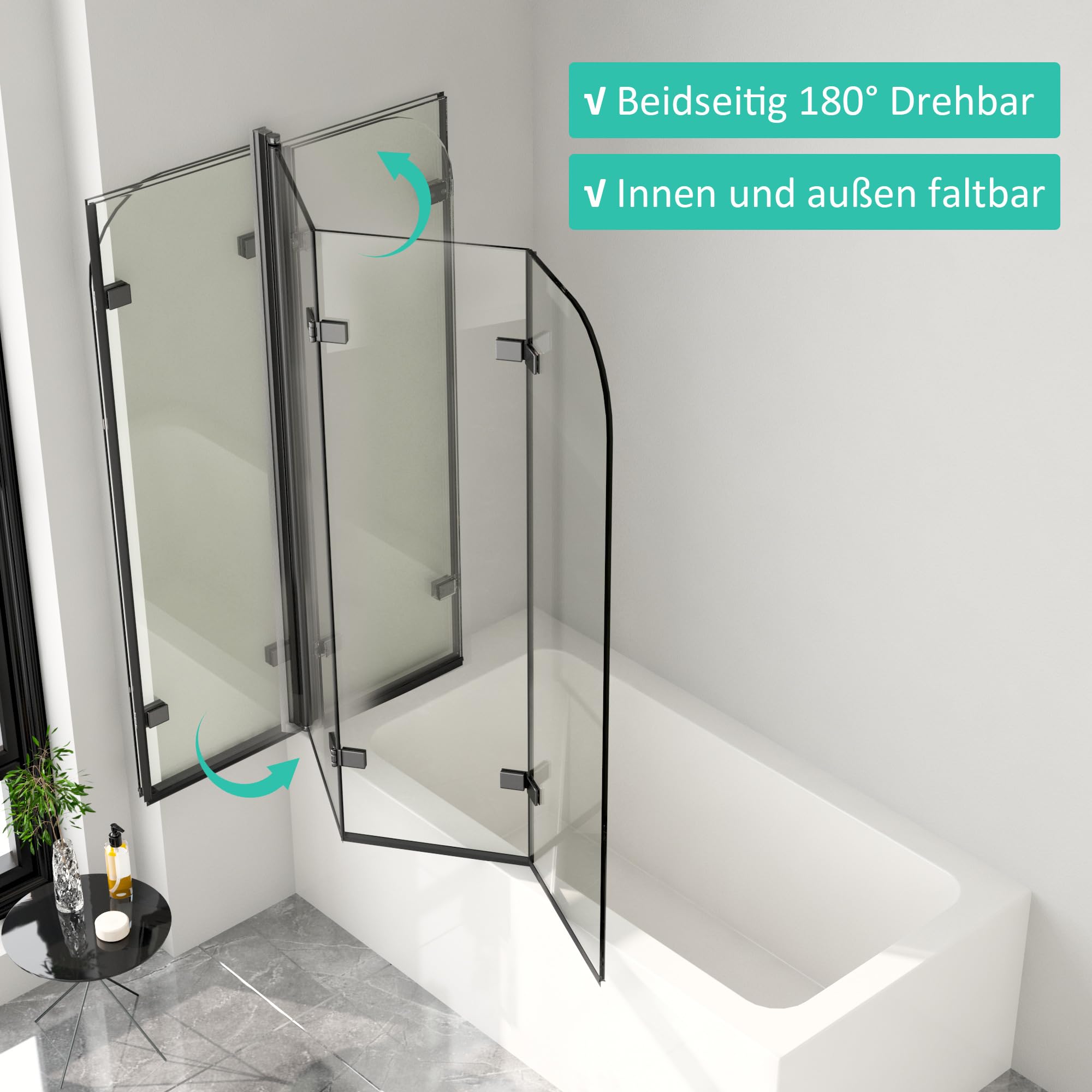 Duschwand für Badewanne 140x140cm 3-teilig faltbar Badewannenaufsatz Badewannenfaltwand Duschwand Faltwand Duschabtrennung für Badewanne mit 6mm NANO Sicherheitsglas, Matt Schwarz