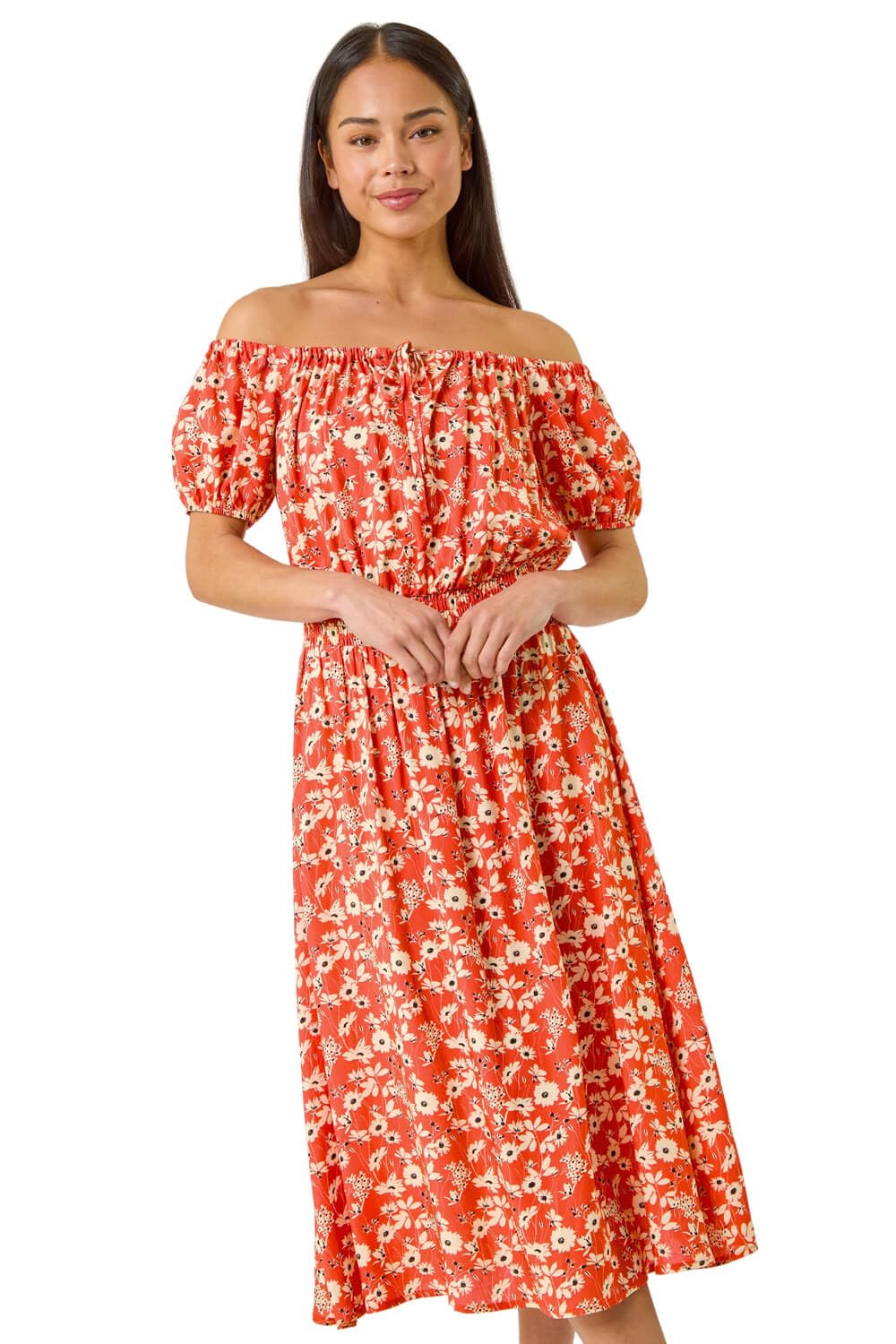 Roman Petite Ditsy Bardot Midi Dress for Women UK - Ladies Spring Everyday Summer Holiday Short Sleeve Soft Fit & Flare Comfy Tie Detail Frock Office Business Gowns - Coral - Size 14