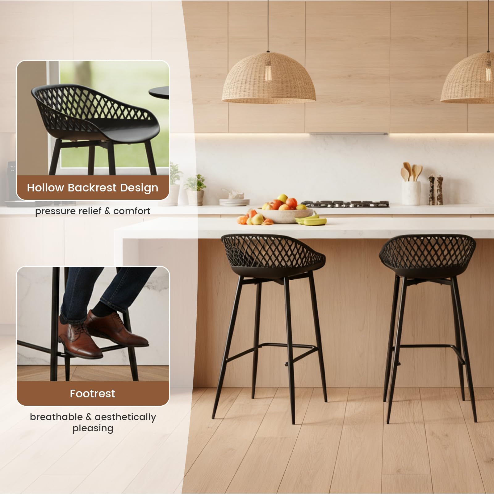 buybyroom Tabouret de Bar avec Dossier et Repose-Pieds, Lot de 4, Chaise Haute pour Cuisine, Îlot Central, Bar et Extérieur, Hauteur Assise 68cm, Pied en Métal, Noir