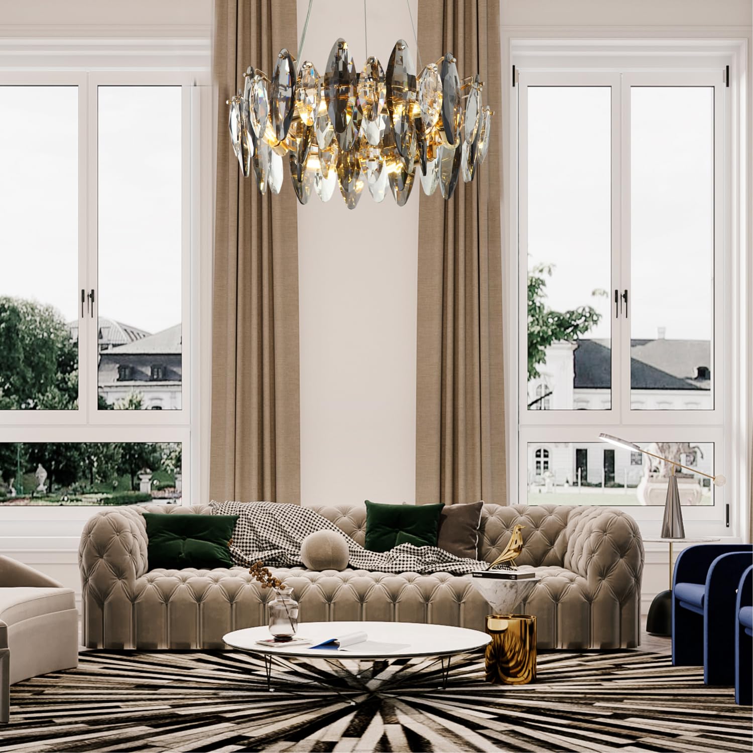 6 Kopf E14 LED Glühbirne Abnehmbare Wohnzimmer Luxus Kristall Hänge Lampe | Freie Höheneinstellung K9 Mehrseitige Kristalle Lichtbrechungsatmosphäre High-End-Luxus Einfacher Wechsel der Glühbirne