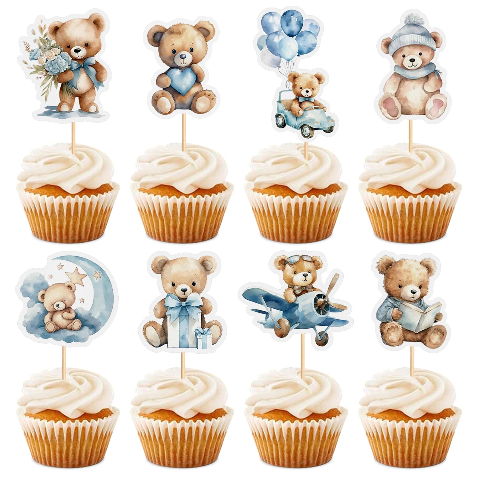 32PCS Baby Shower Bear Cupcake Toppers Airplane Car Balloon Moon Gift Bear Cake Topper Decorations Baby Theme Birthday Party Cake Decorative Supplies