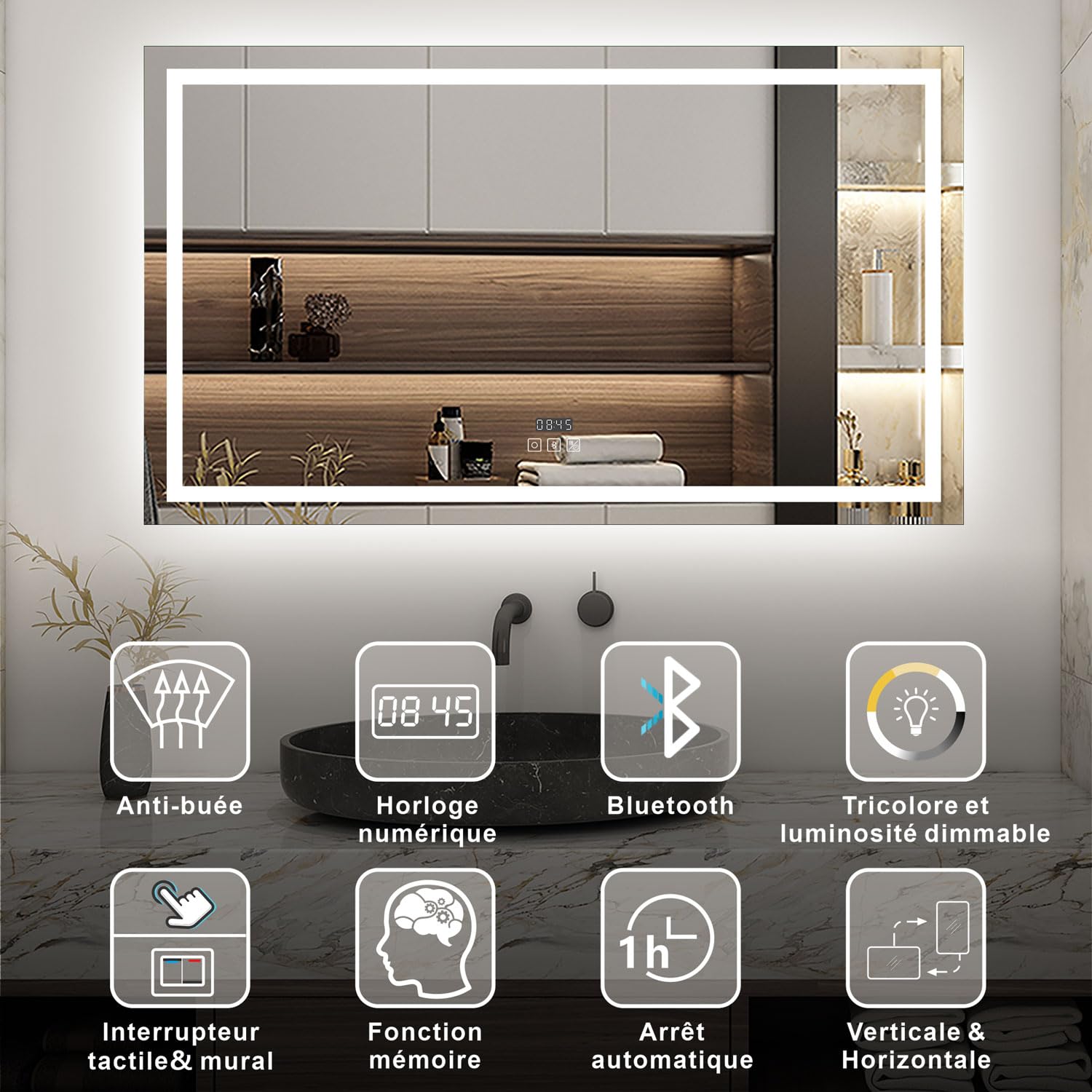 AICA Miroir Salle de Bain 120 x 70cm, Bluetooth + 3 Couleurs + dimmable + Horloge + Anti-buée + mémoire, Miroir Lumineux LED