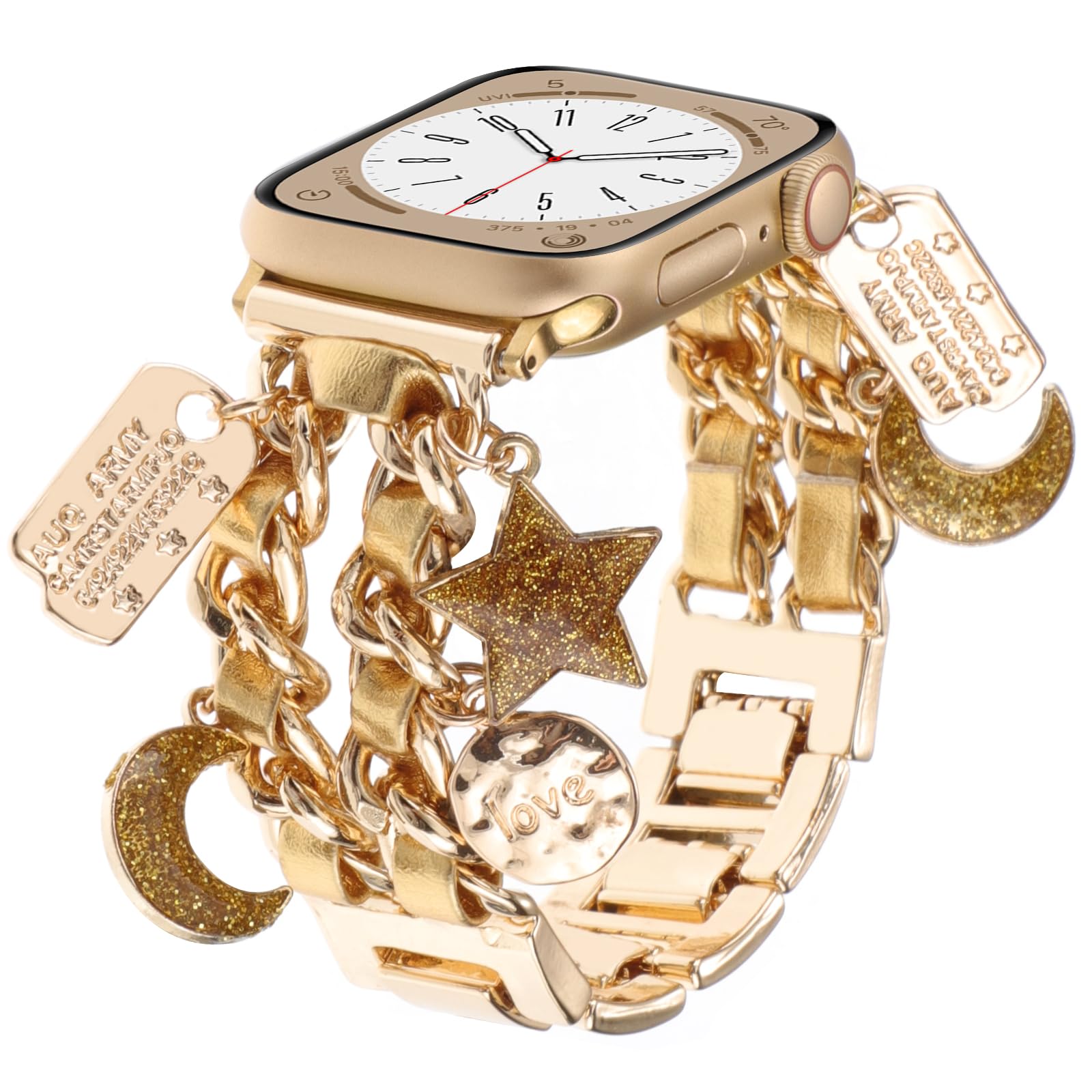 REALSIGN Stylish Metal Wristband Compatible with Apple Watch Band 38mm 40mm 41mm,Cuban Chain Bracelet with Star Moon Love Pendants Cute Strap for iWatch Series 9 8 7 6 5 4 3 SE Charms for Women(38/40/41MM,Star Moon Gold)