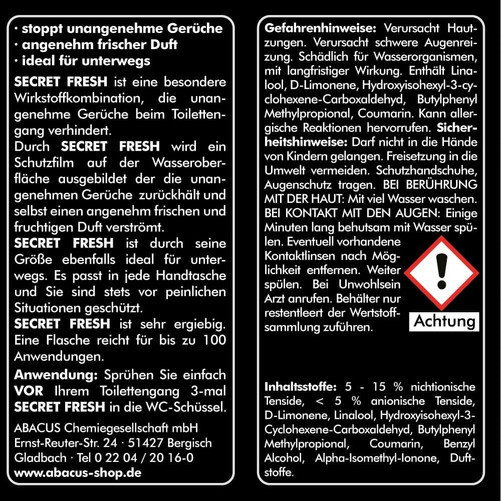 ABACUS® Secret Fresh Toilettenparfüm Mediterran Mix, Toiletten Parfüm – verhindert Gerüche & schützt vor peinlichen Situationen – Toiletten Parfum, Secret Fresh Toilettenparfüm 3x 50 ml (7401)