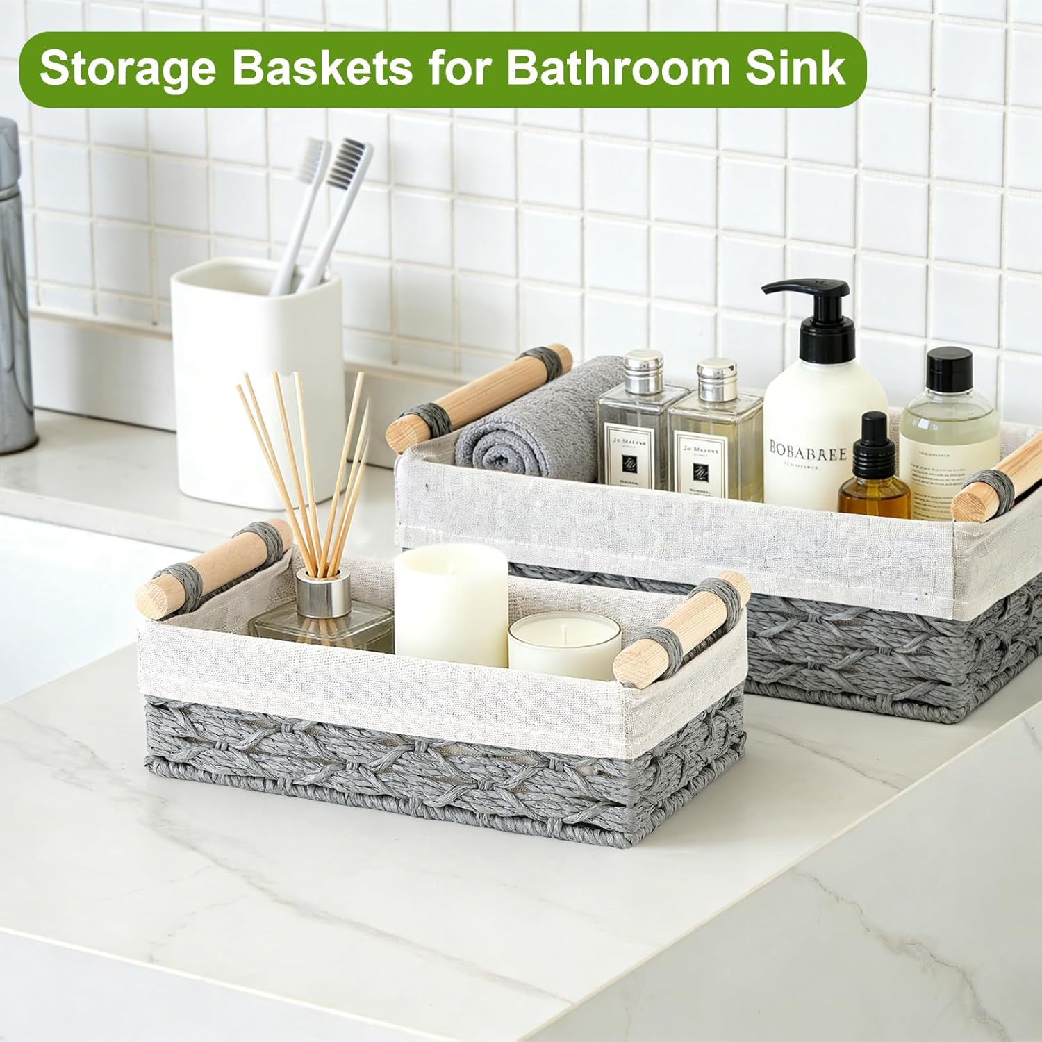 Dustproof Toothbrush Holder with Cover & Set of 2 Woven Toilet Paper Storage Basket