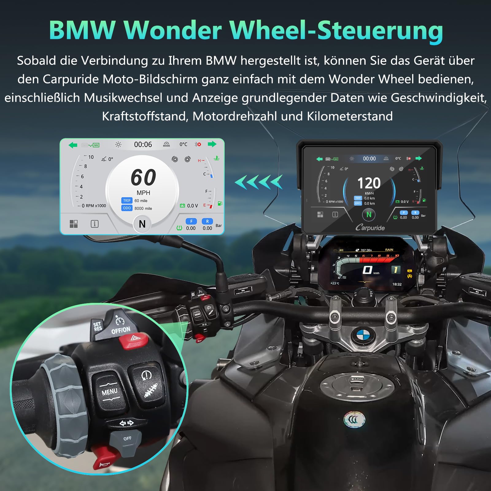 CARPURIDE W502BS Pro für BMW-Motorrad, CarPlay & Android Auto, Dual-Bluetooth, 5 Zoll Wasserdichter GPS-Navigations Bildschirm, Datenablesung, Native Wonder, TPMS, Lichtsensor, Musikfreigabe