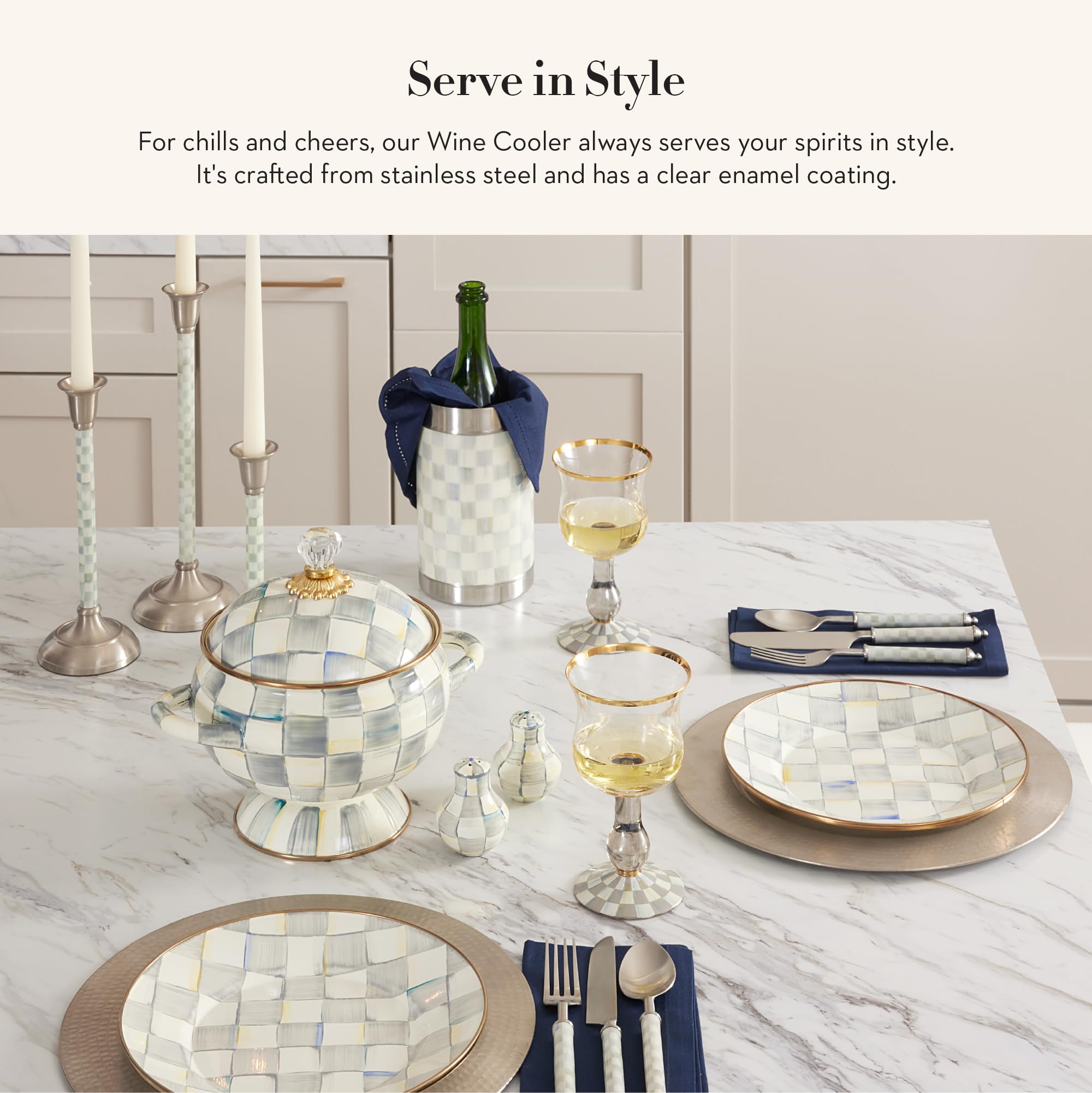 MACKENZIE-CHILDS 3260 Wine Cooler, Champagne and Wine Ice Bucket, Wine Bar Accessories, 1 Gallon, Gray-and-White Sterling Check