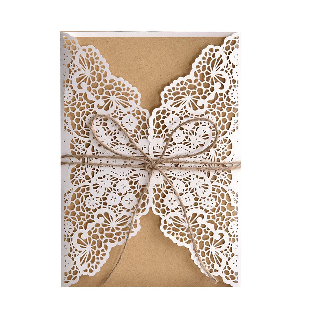 FifijuanC Lot de 50 cartes d'invitation découpées au laser avec inserts en carte Kraft marron pour mariage, fête prénatale, fête d'anniversaire 12.5cm x 18cm blanc