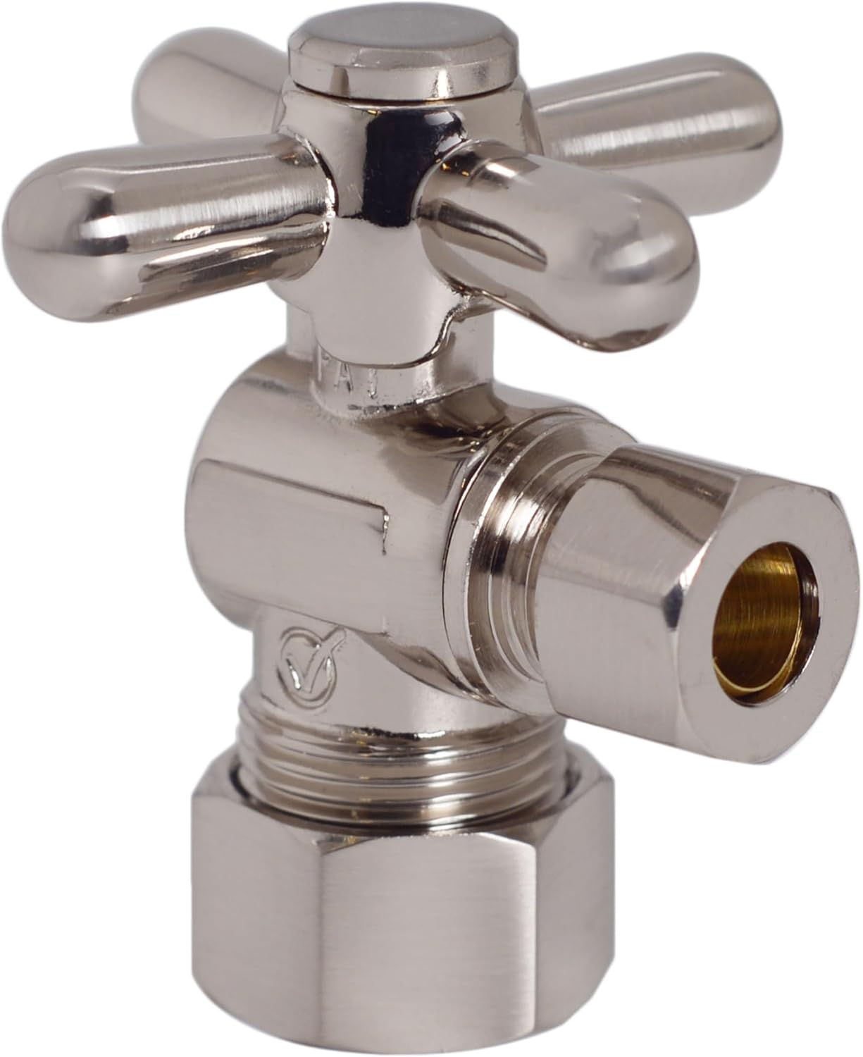 Westbrass D105BX-07 1/4-Turn Cross Handle Angle Stop Shut Off Valve, 5/8" OD x 3/8" OD, Satin Nickel