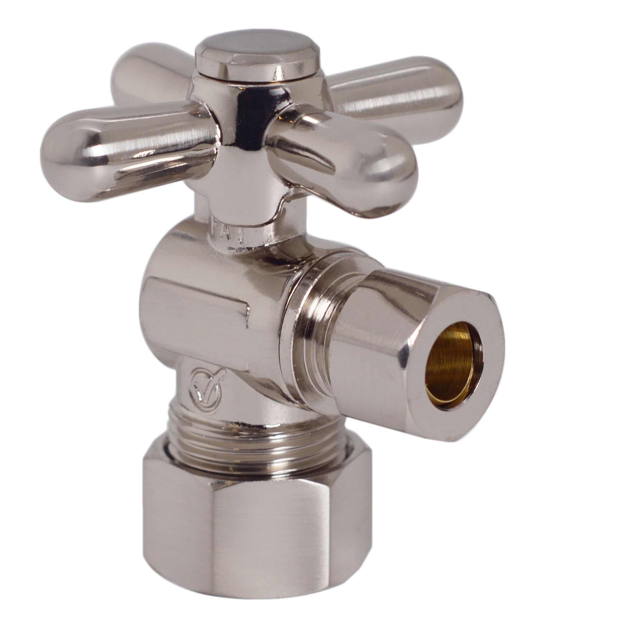 Westbrass Tope de ángulo con mango de cruz de 1/4 vuelta, 5/8 pulgadas. Diámetro exterior x 0,95 cm. OD, níquel satinado, D105BX-07, 5/8 x 3/8 in