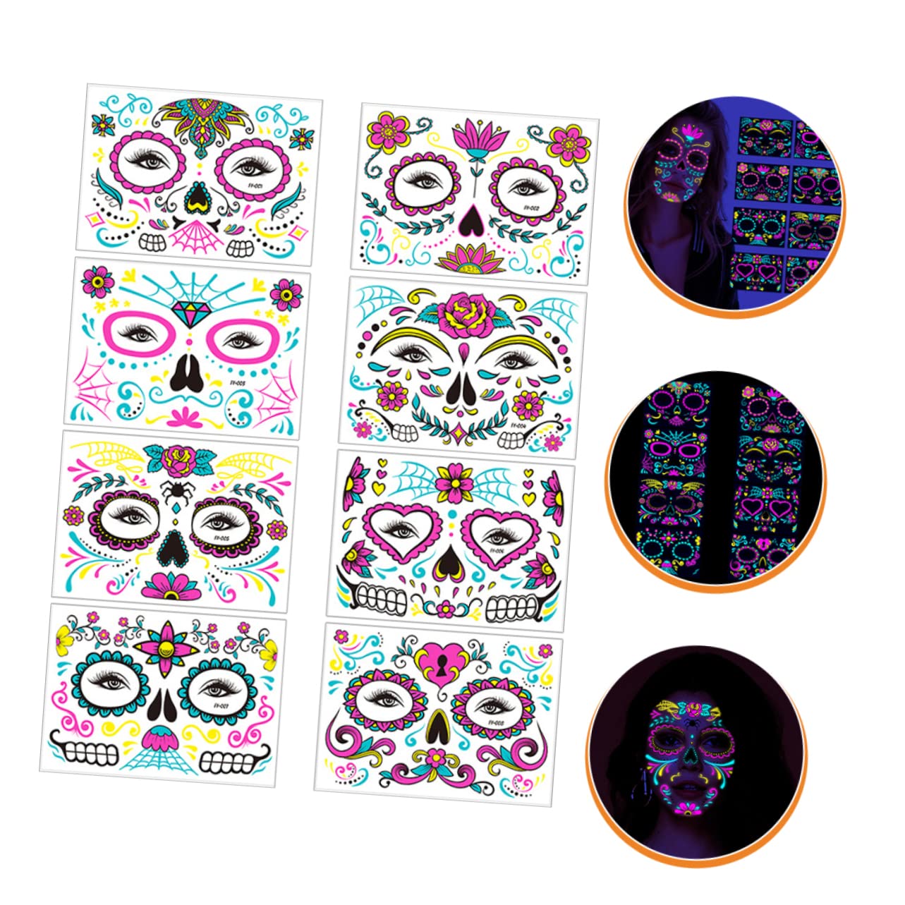 Healvian 24hojas Tatuajes De Halloween Fluorescentes Para Rostro Pegatinas De Calavera Para Maquillaje y Fiesta De Disfraces De Diseño Diverso