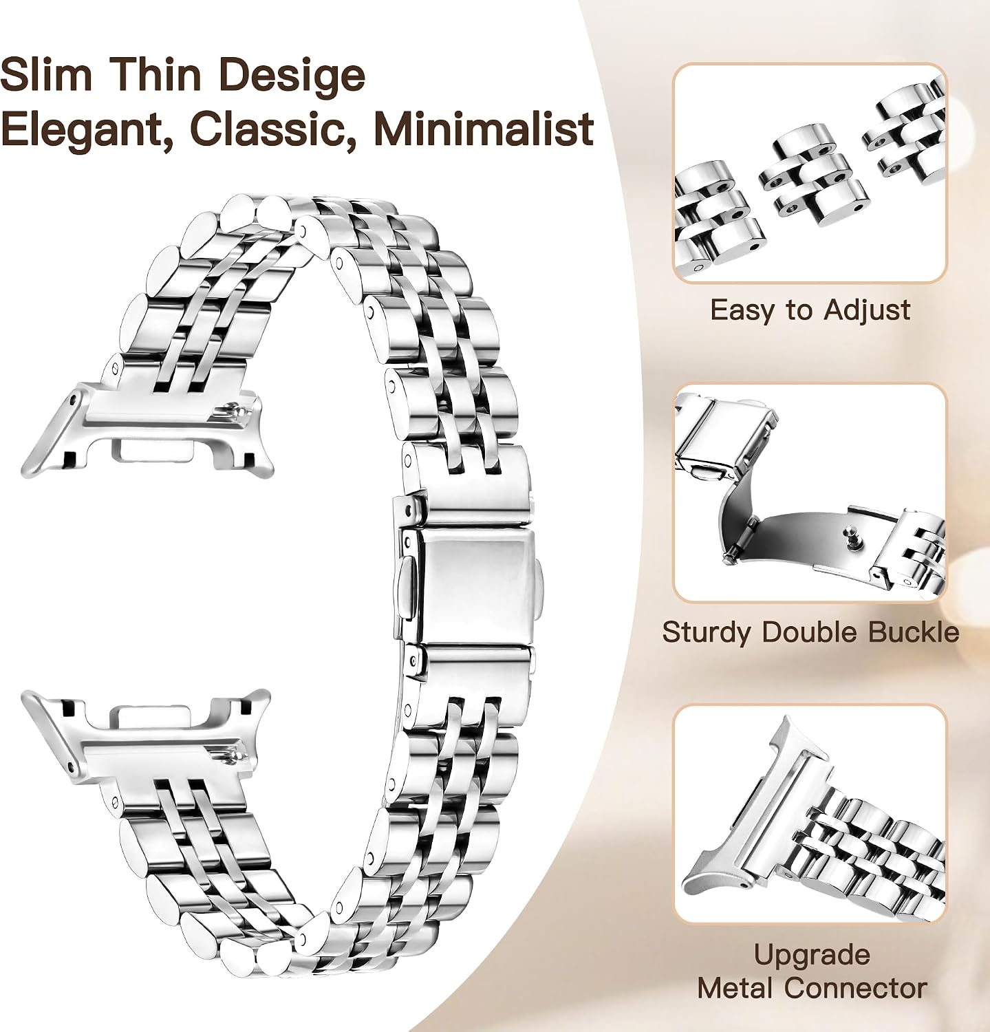 Slim Metal Band for Samsung Galaxy Watch 9 Band, Galaxy Watch 8 Band 7 6 5 4 FE 40/44mm, Galaxy Watch 8 6 4 Classic 42mm 46m 43mm 47mm, 5 Pro 45mm, Stainless Steel Dressy Replacement Strap image 3