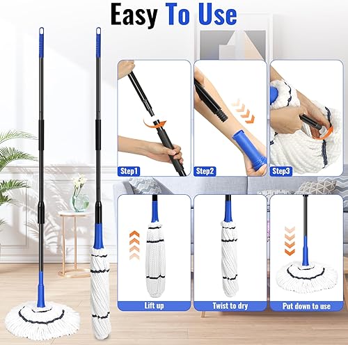 Miniatura 7 de Trapeador giratorio de microfibra para limpieza de pisos, mopas húmedas de cuerda con escurridor de mango largo para vinilo de madera dura,
